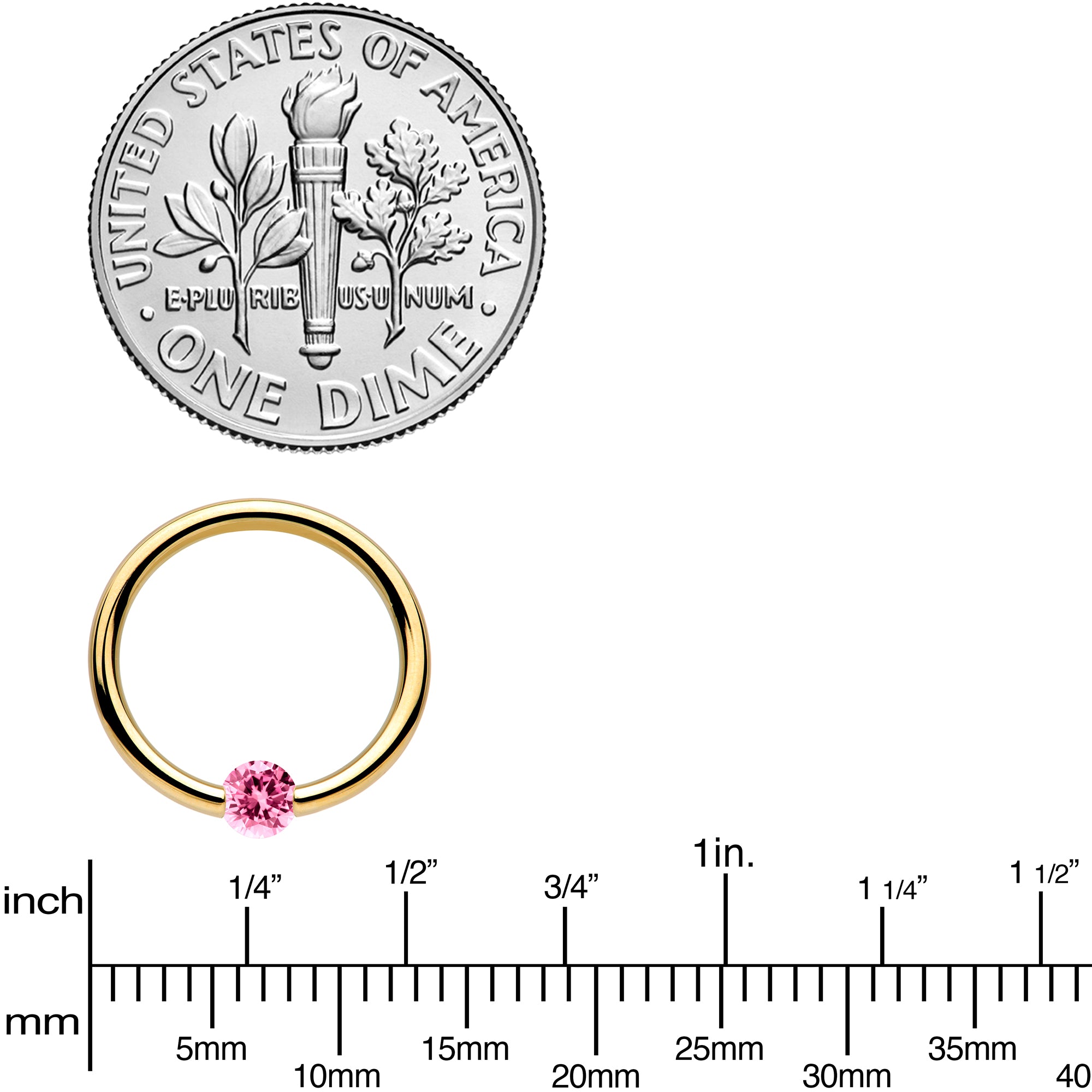 16 Gauge 3/8 Solid 14k Yellow Gold 3mm Pink Cubic Zirconia Tension Captive Ring