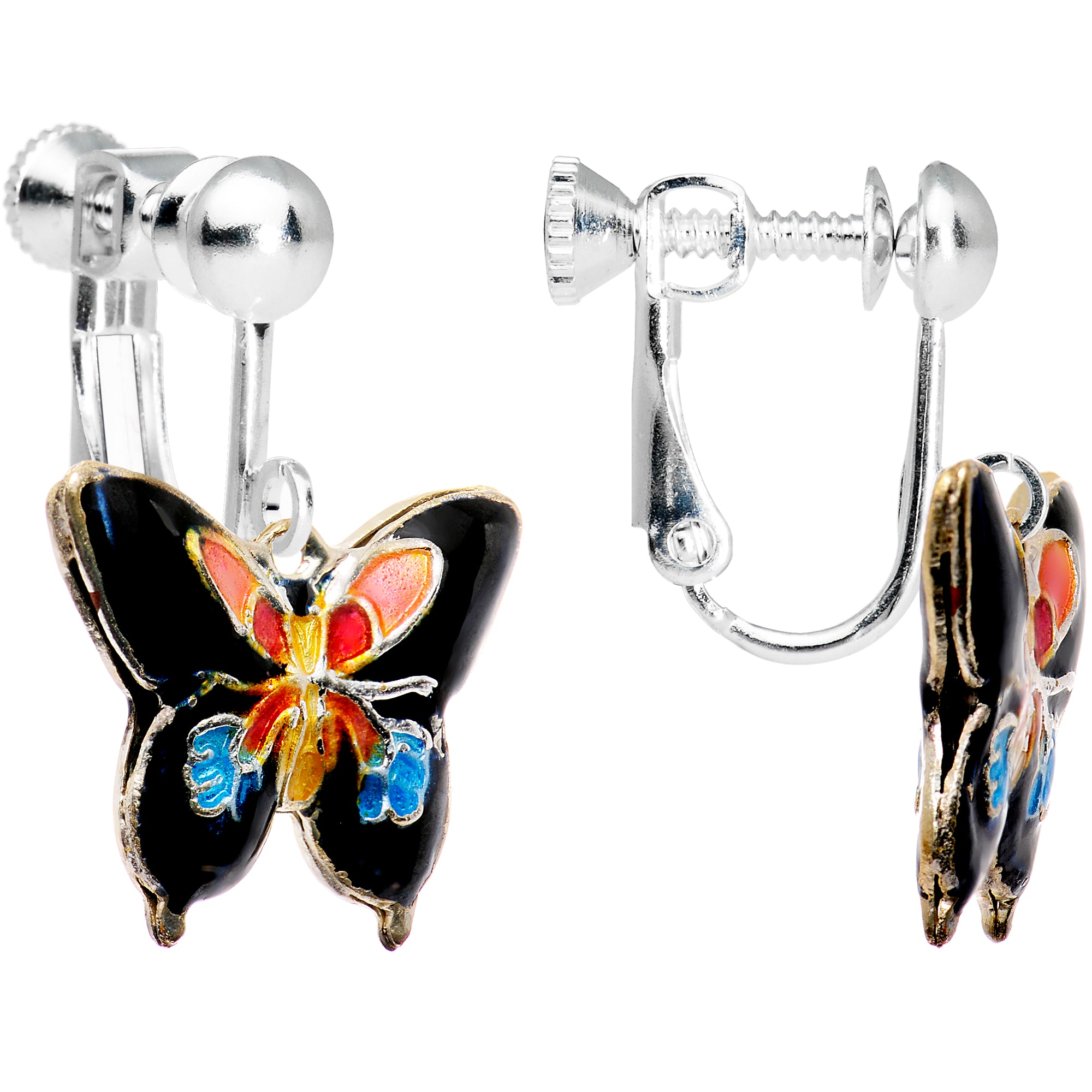 Handcrafted Black Cloisonne Butterfly Clip Earrings