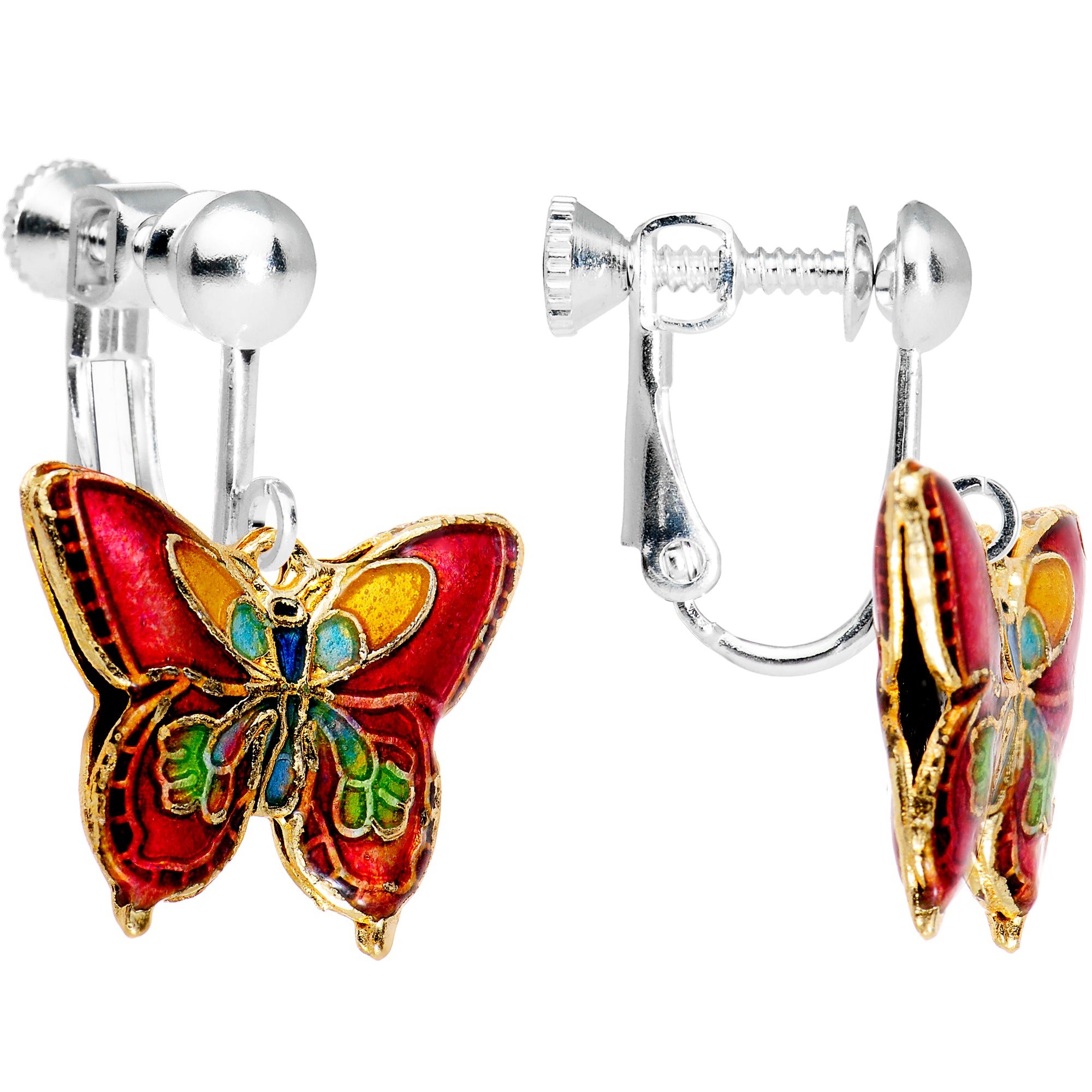 Handcrafted Red Cloisonne Butterfly Clip Earrings