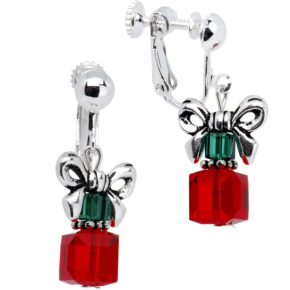 Handcrafted Holiday Present Clip On Earrings Created with Crystals