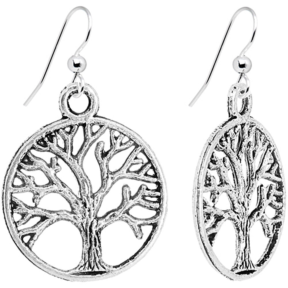 Silver Tone Tree of Life Dangle Earrings