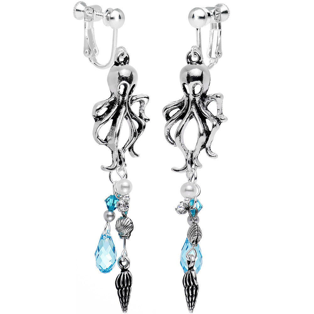 Oceanic Octopus Clip On Drop Earrings Created with Crystals