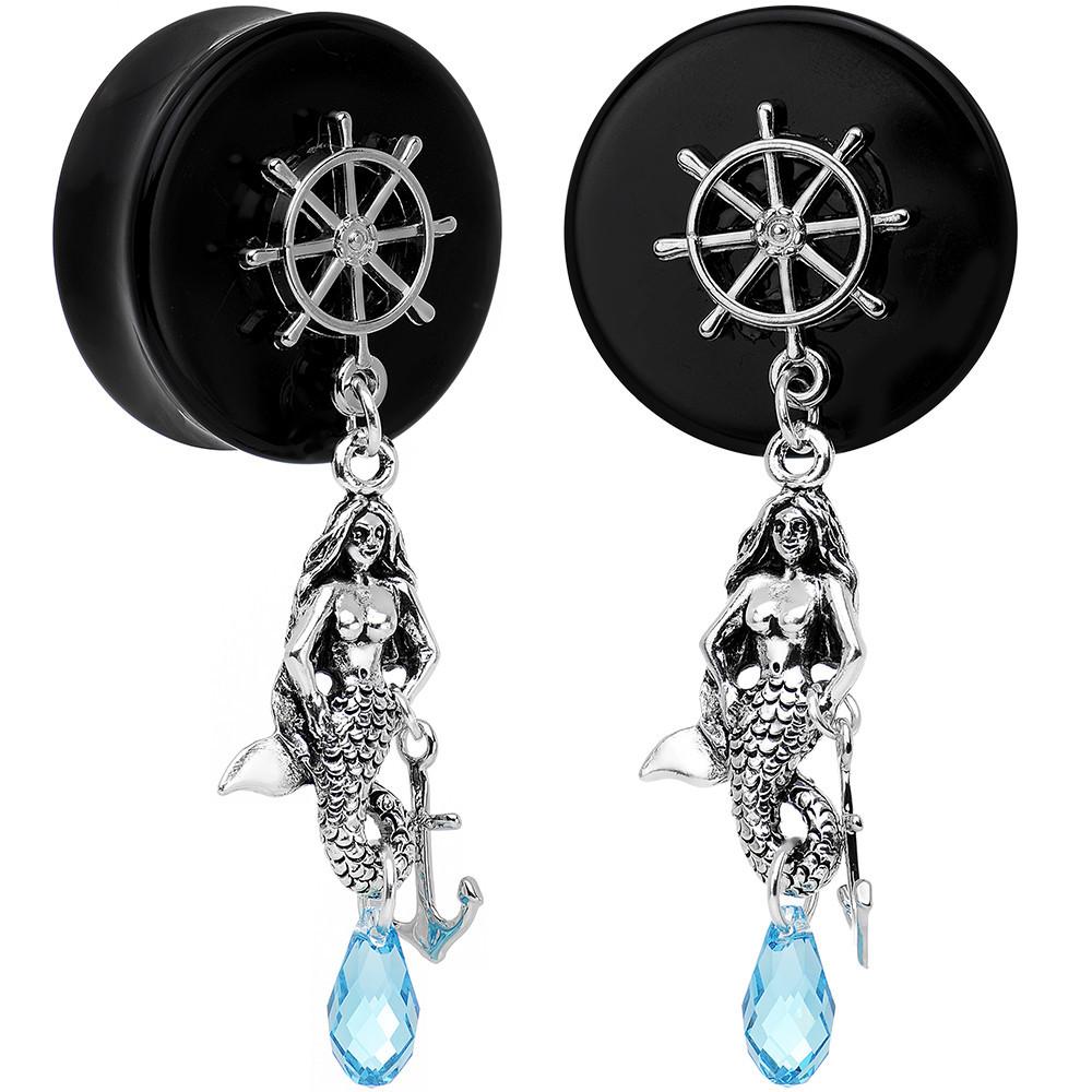 Aqua Nautical Mermaid Plug Set Created with Crystal 00 Gauge to 1 Inch