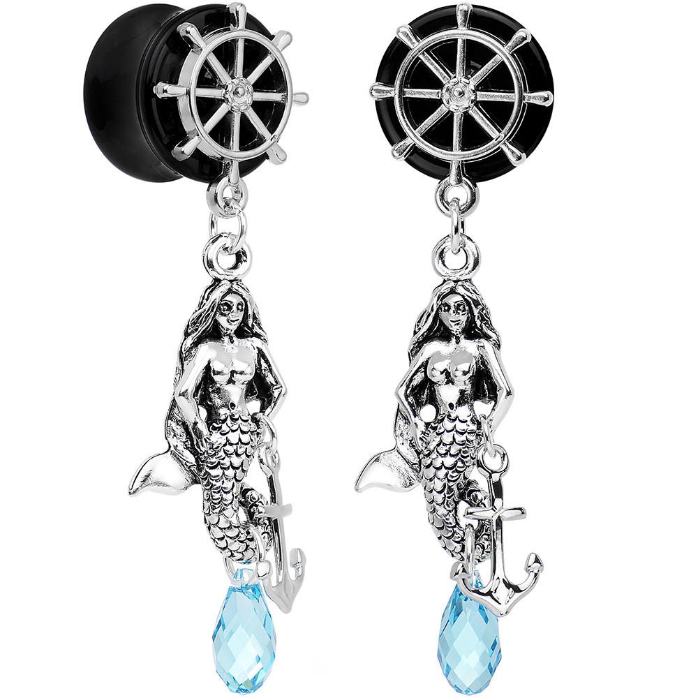 Aqua Nautical Mermaid Plug Set Created with Crystal 00 Gauge to 1 Inch