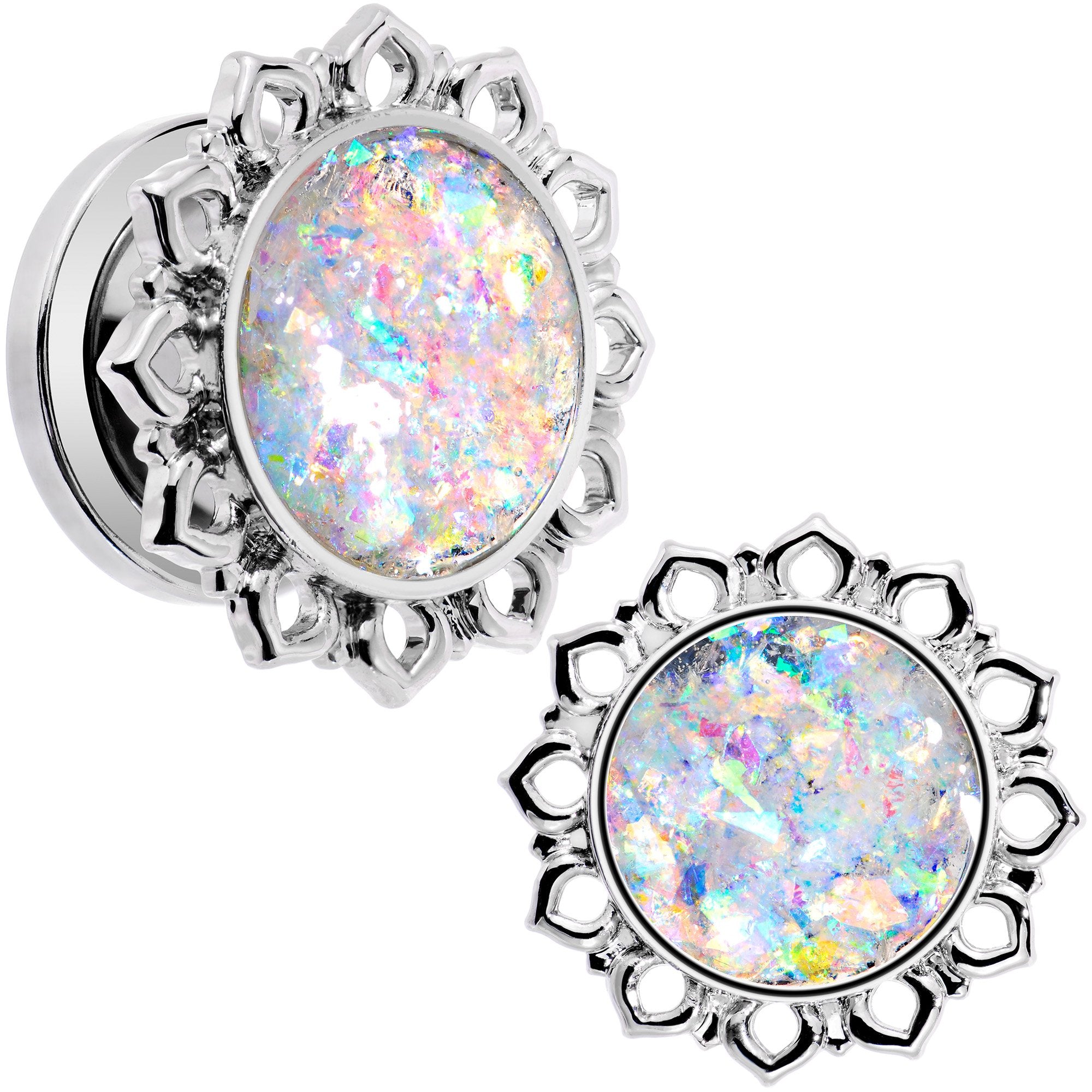 Handcrafted White Faux Opal Mandala Screw Fit Plug Set Sizes 8mm to 20mm