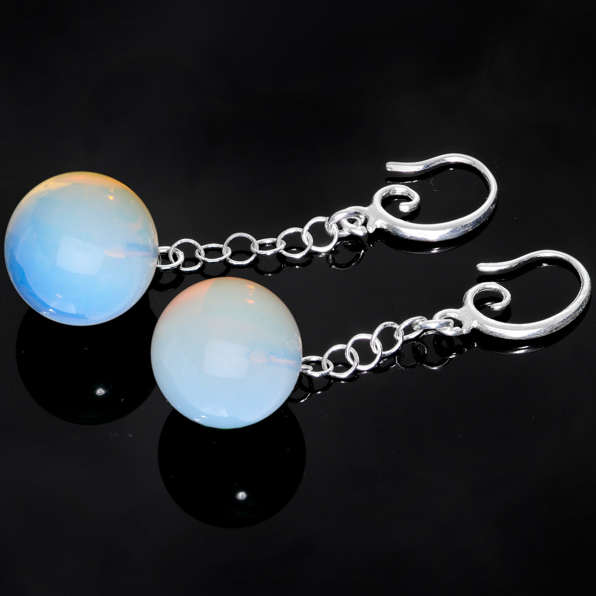 Handcrafted White Opalite Jawbreaker Dangle Fishhook Earrings