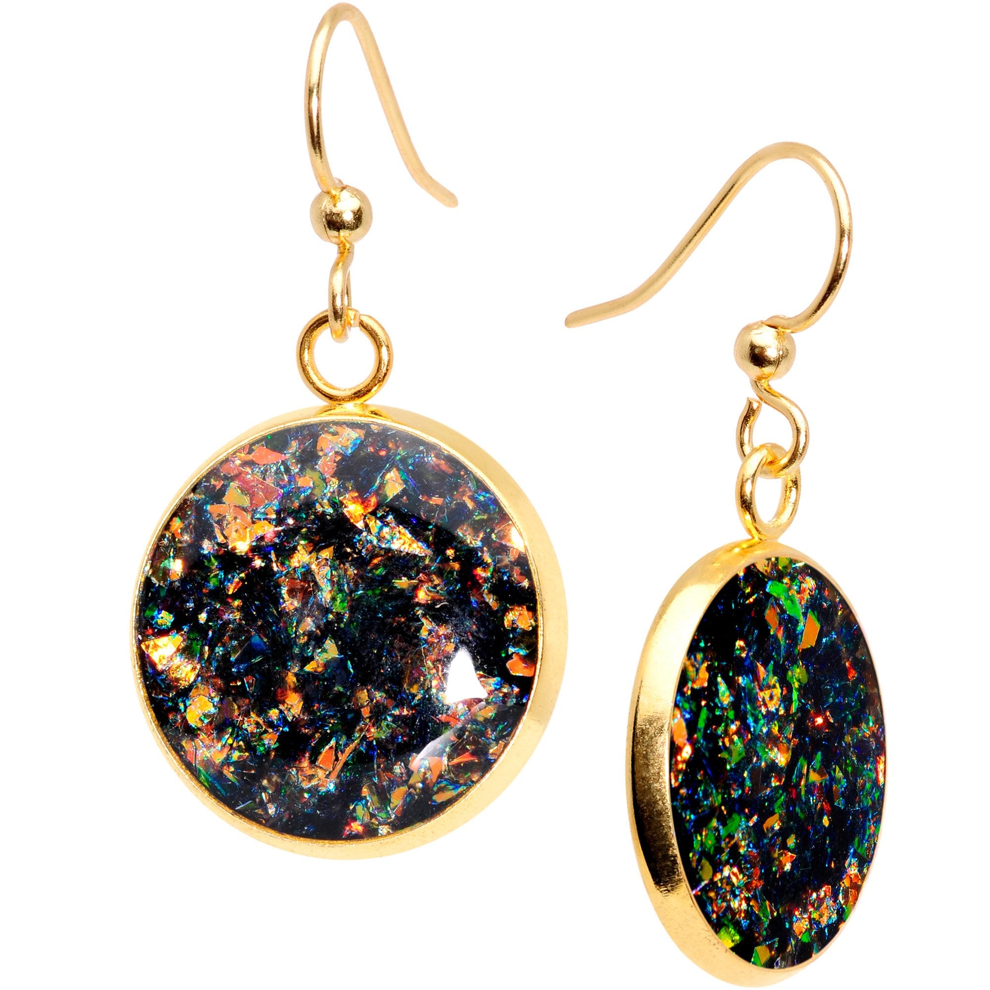 Handcrafted Black Faux Opal Gold Plated Big Deal Fishhook Earrings