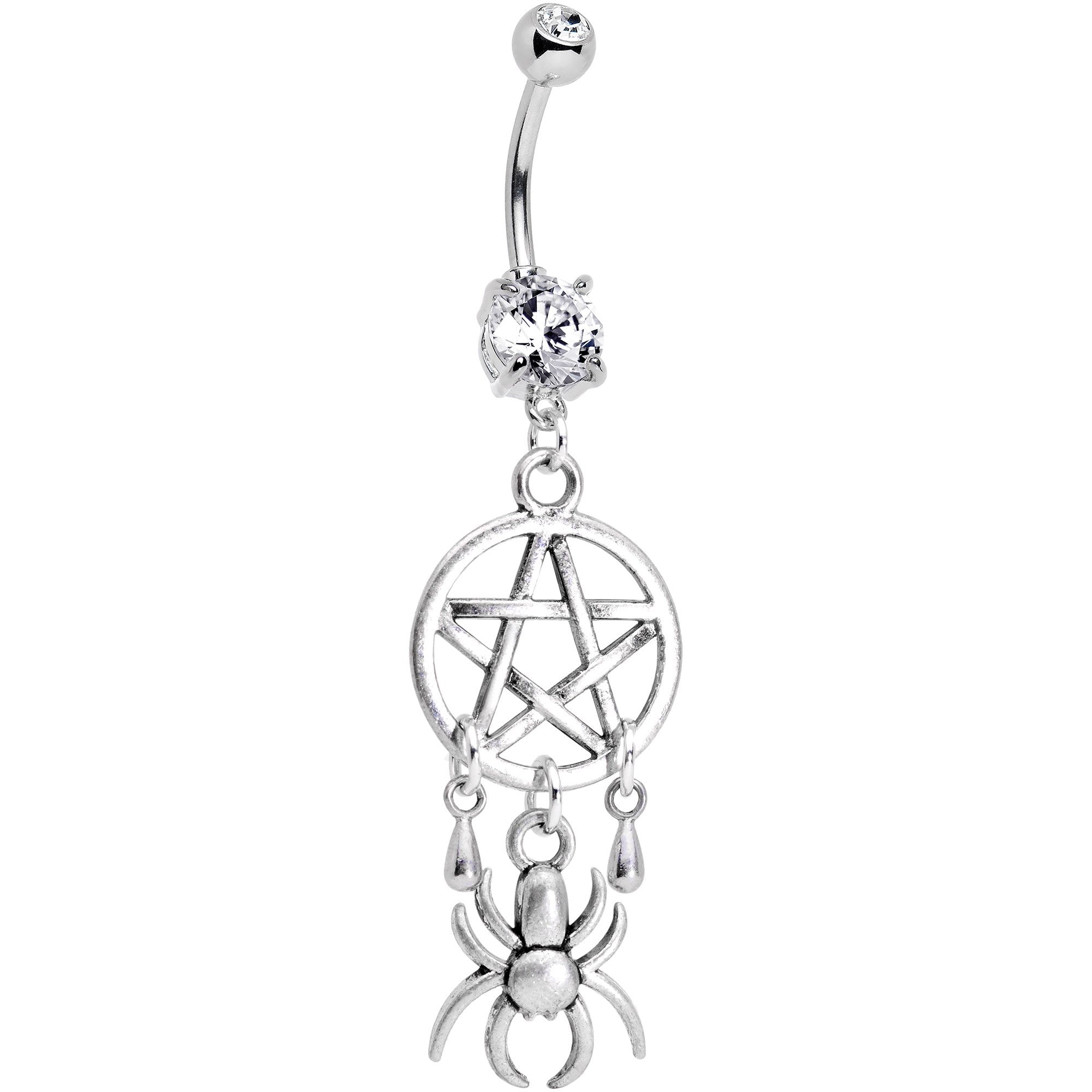 Handcrafted Clear Gem Pentagram Spider Dangle Belly Ring