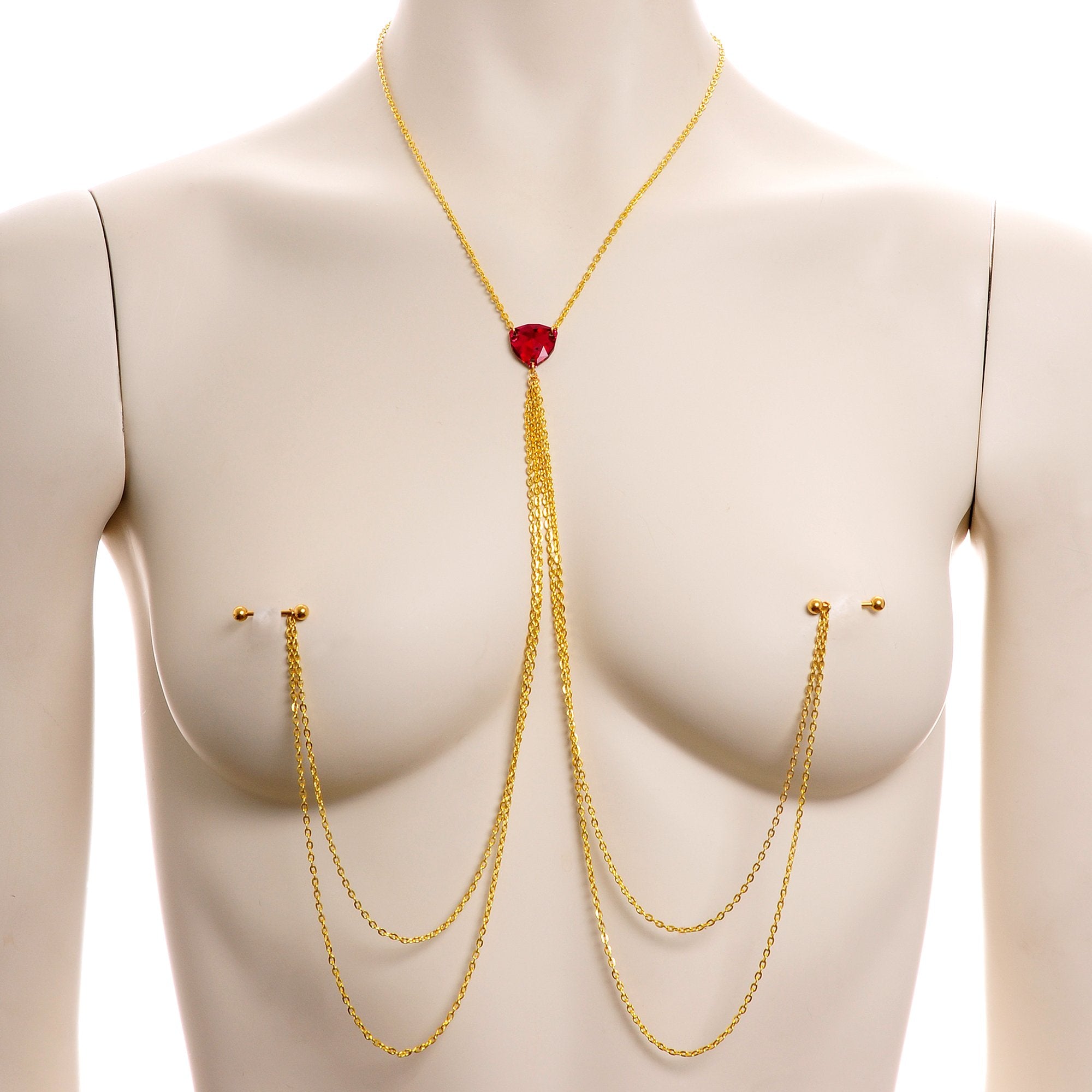 Gold Tone Nipple Chain Necklace Created with Crystals