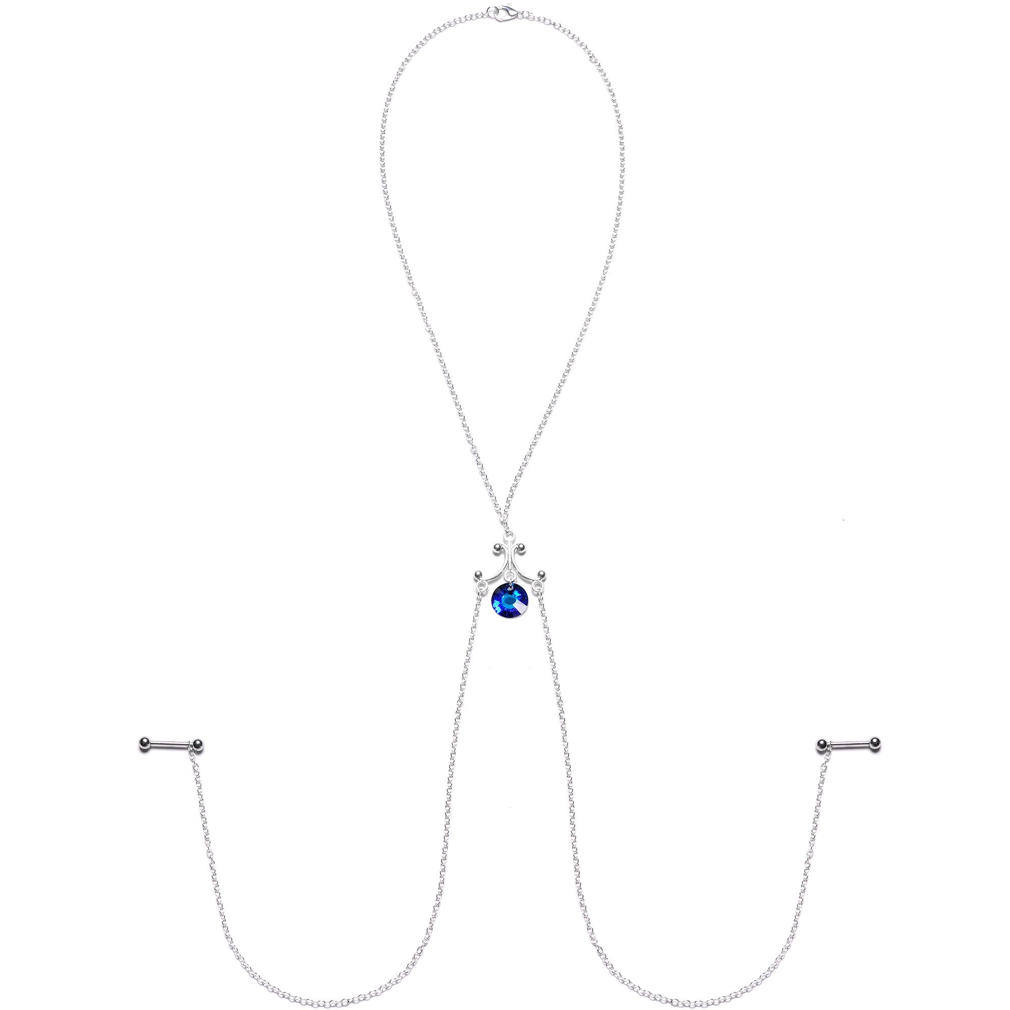 Blue Dangle Necklace Nipple Chain Created with Crystals