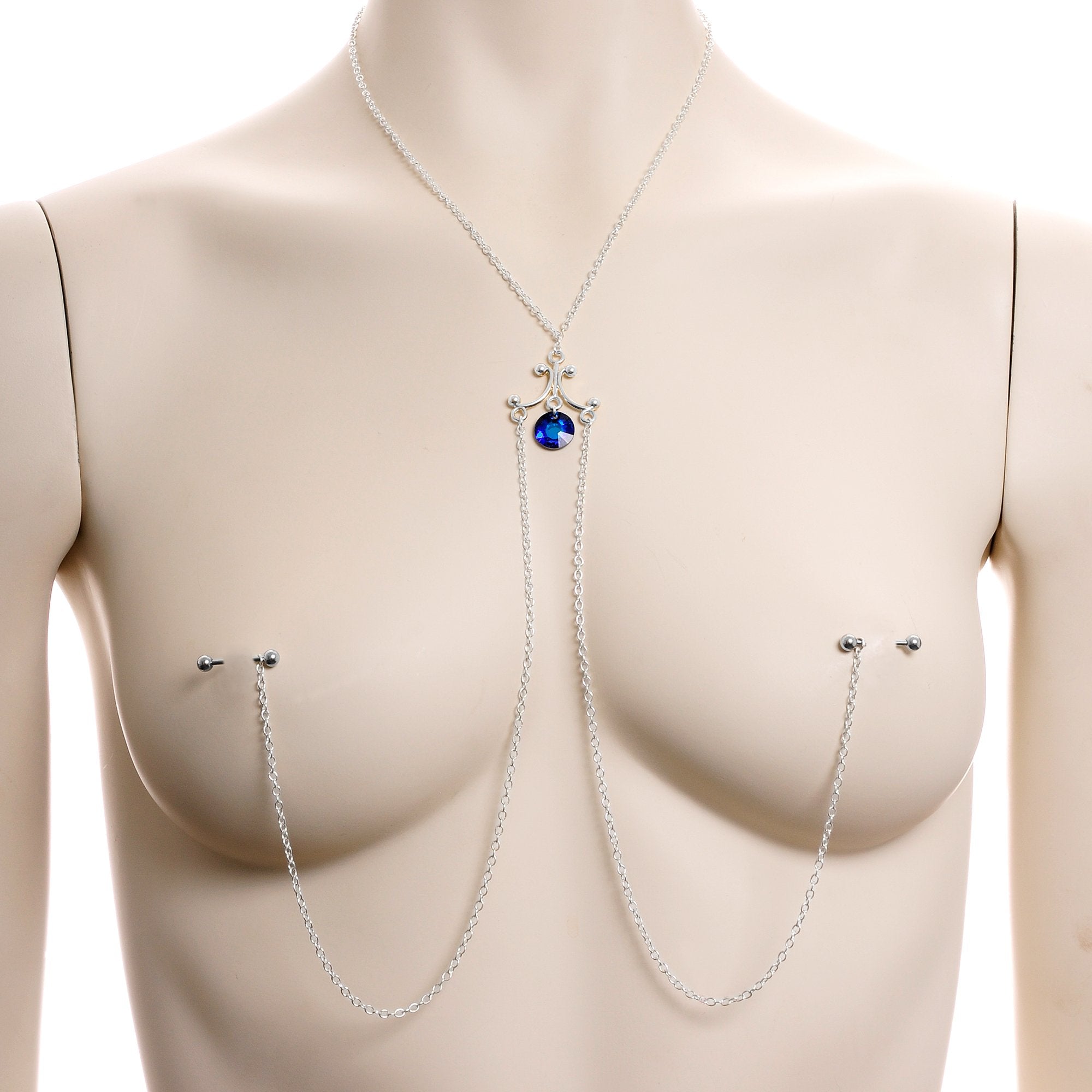 Blue Dangle Necklace Nipple Chain Created with Crystals