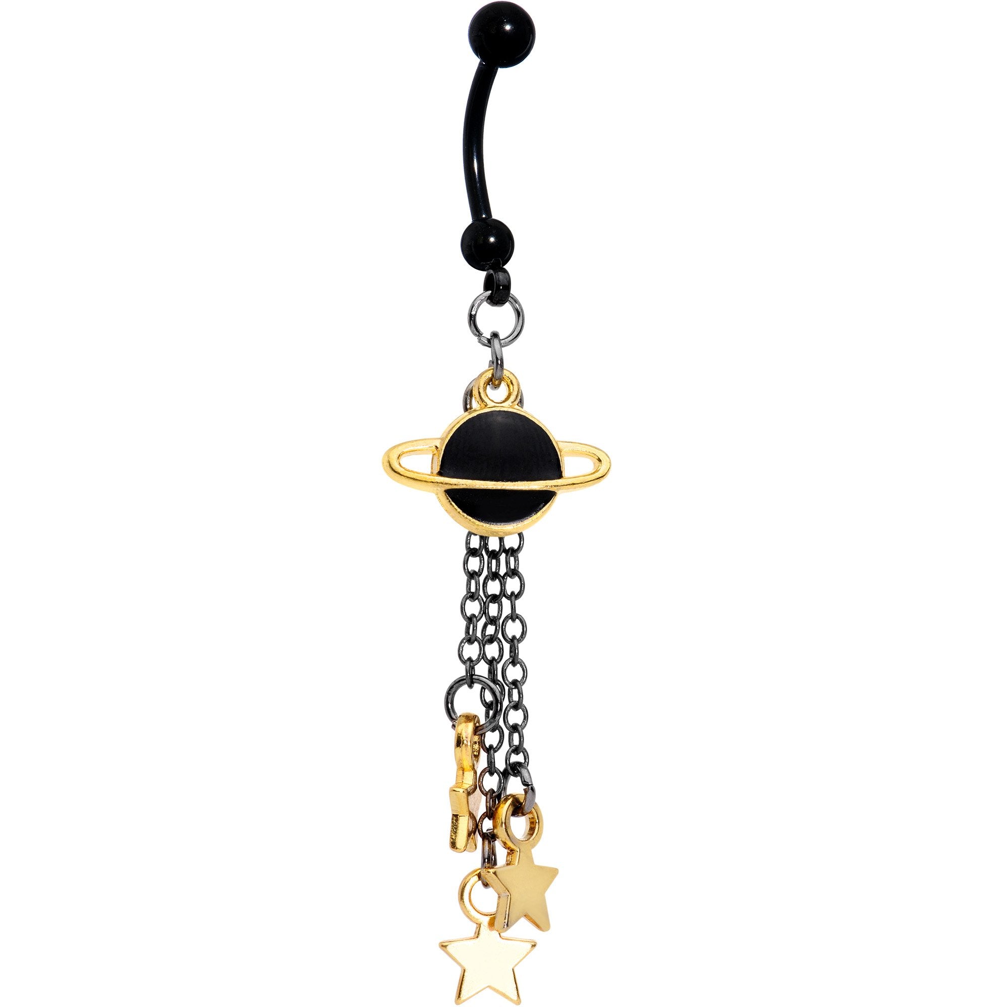 Handcrafted Black Saturn and Stars Chain Dangle Belly Ring