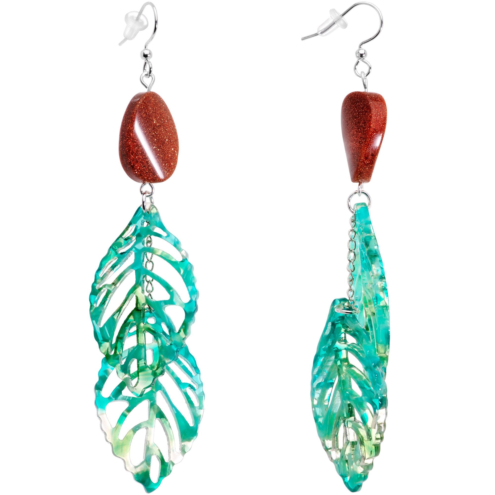 Handcrafted Goldstone Green Leaves Fishhook Dangle Earrings