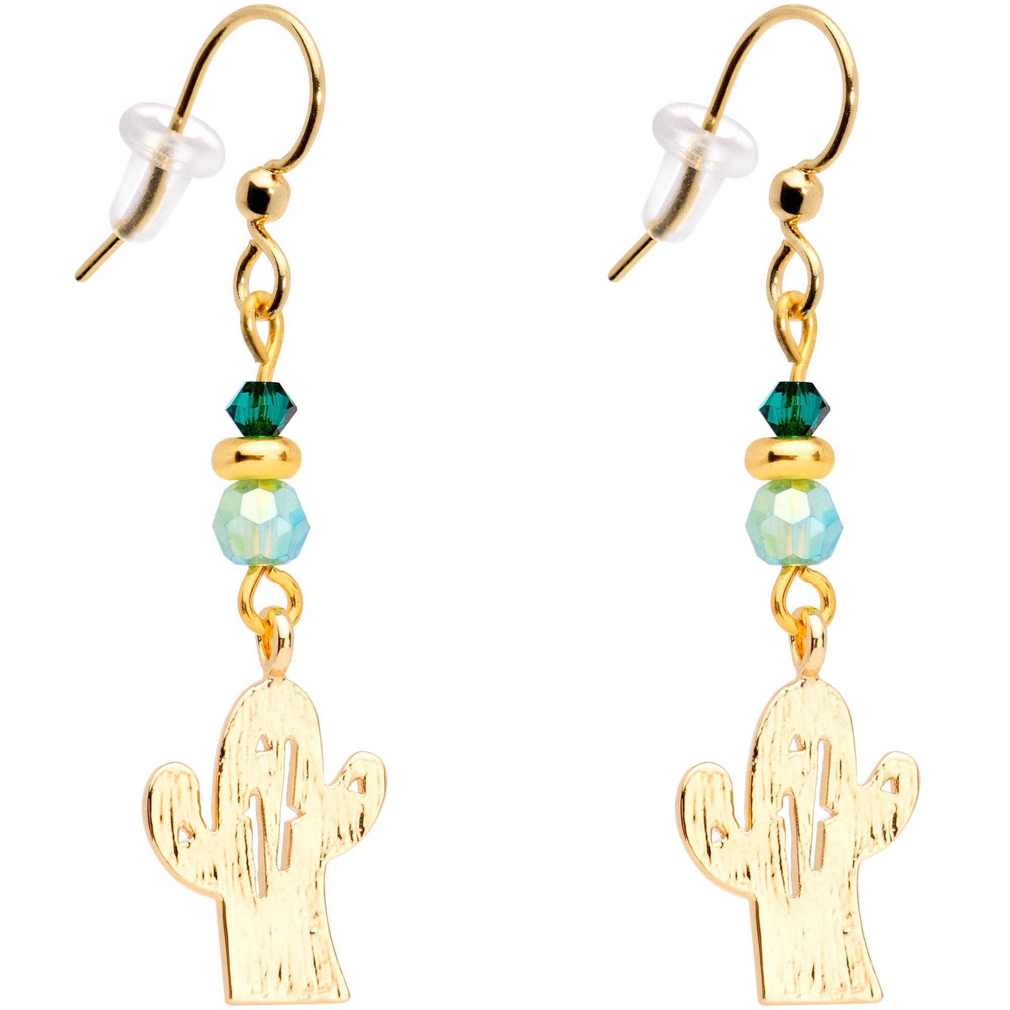 Gold Tone Cactus Fishhook Earrings Made with Crystals