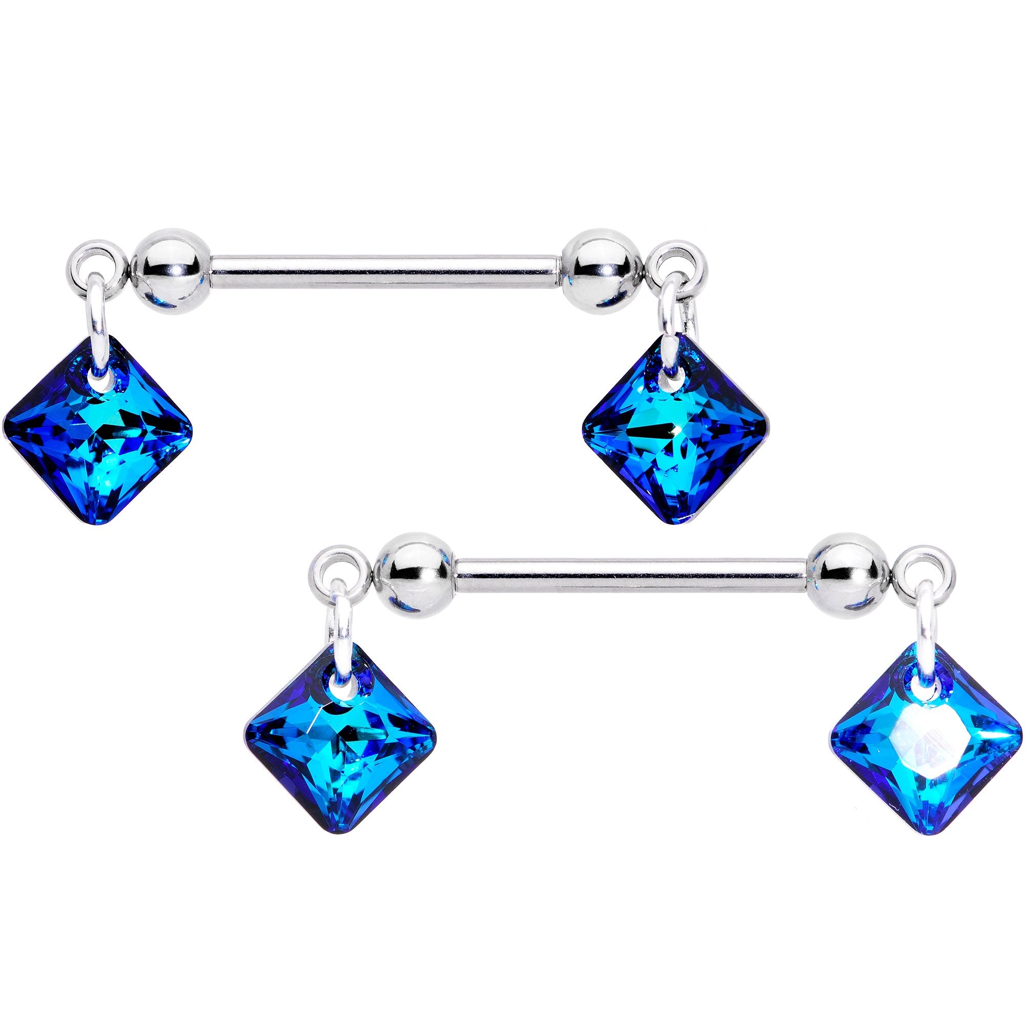 Handmade Blue Rhom Nipple Ring Set Created with Crystals