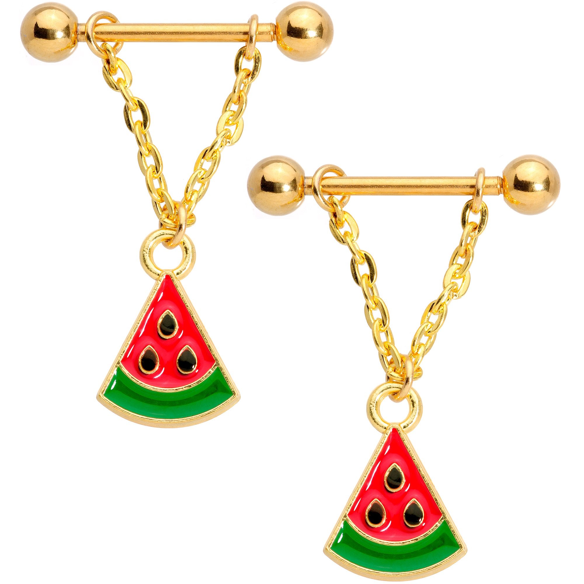 14 Gauge 5/8 Handmade Gold Tone Watermelon Dangle Nipple Ring Set