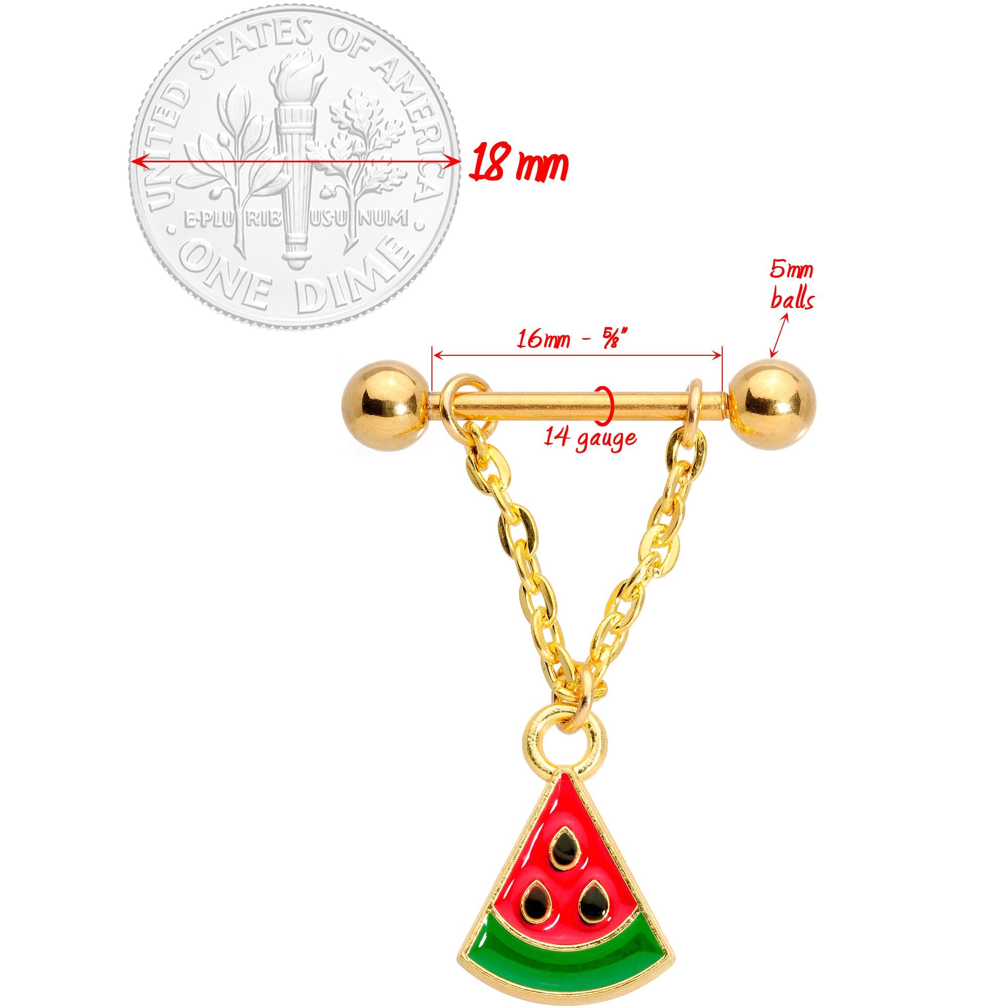 14 Gauge 5/8 Handmade Gold Tone Watermelon Dangle Nipple Ring Set