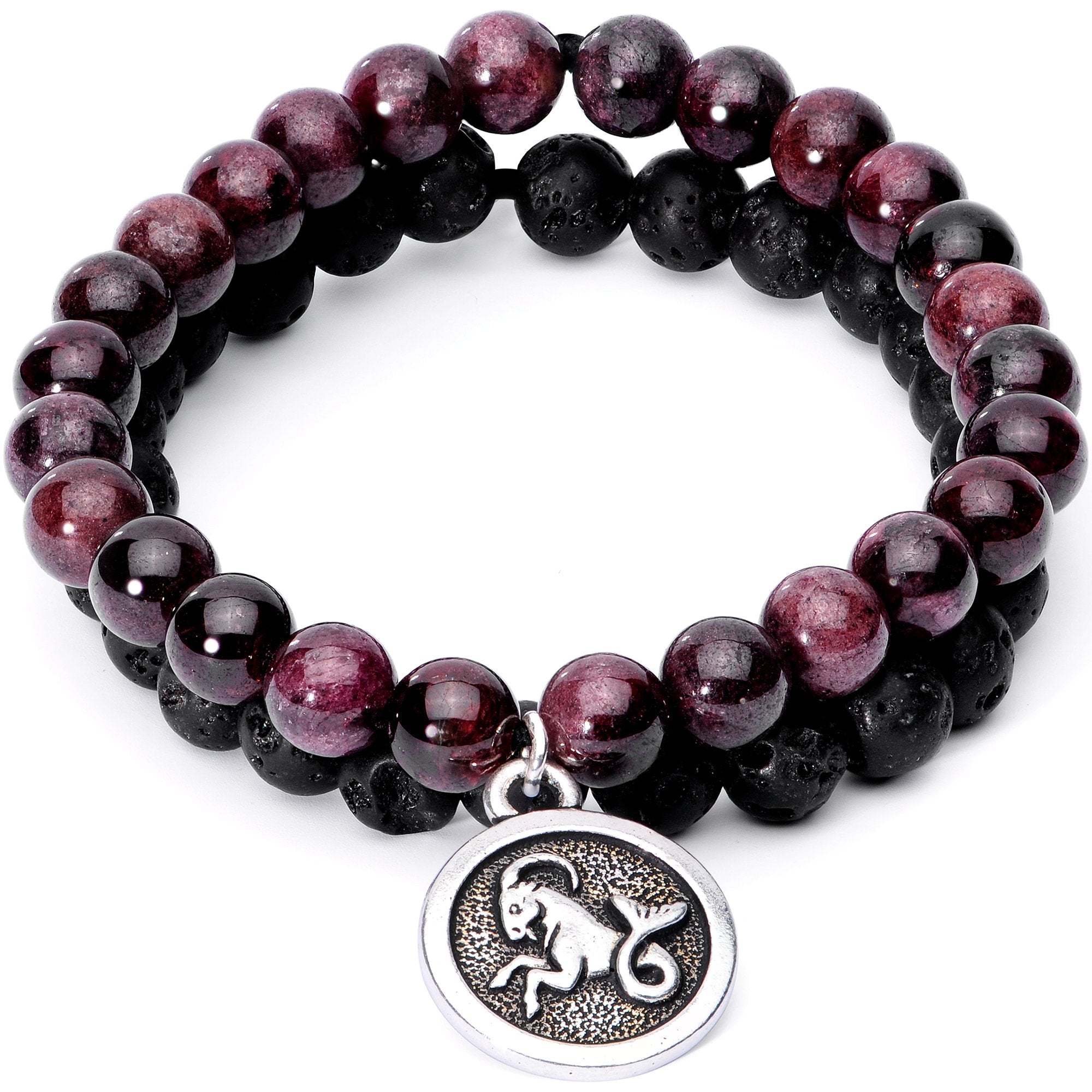 Handmade Lava Stone Garnet Capricorn Zodiac Bracelet Set of 2