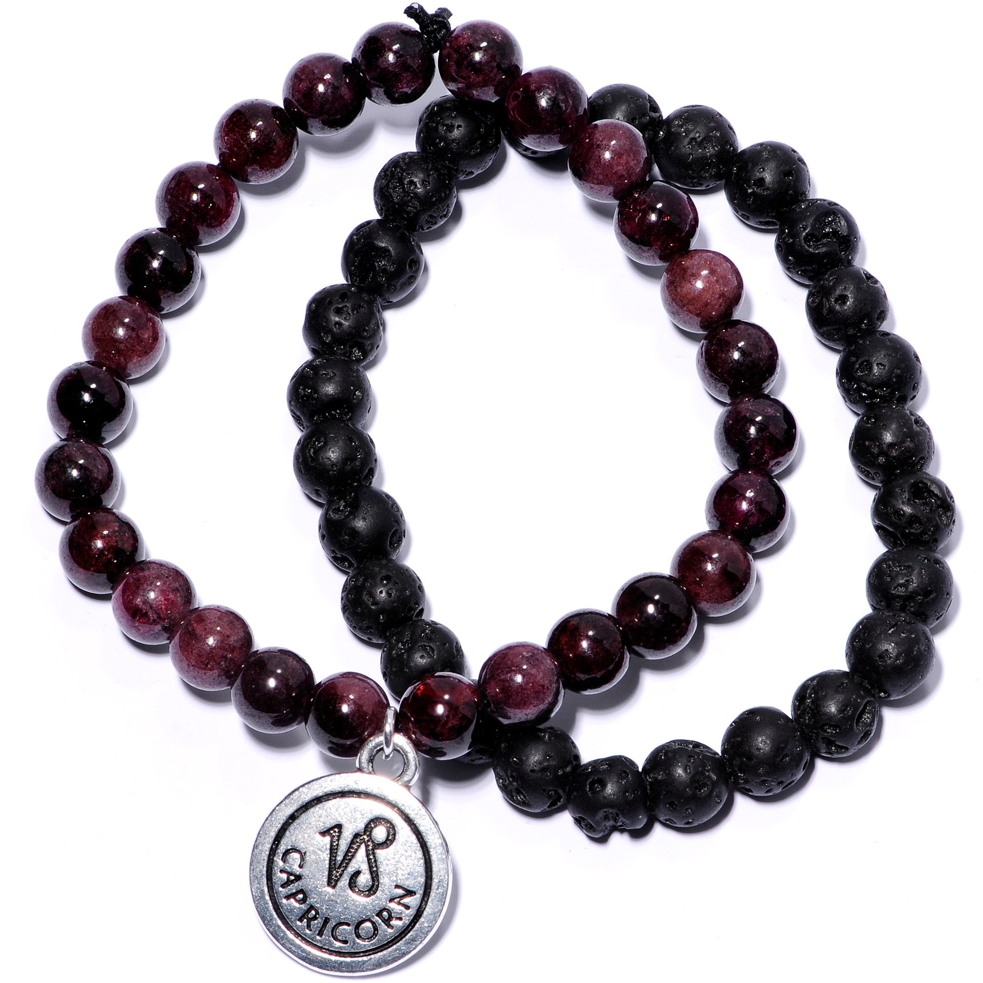 Handmade Lava Stone Garnet Capricorn Zodiac Bracelet Set of 2