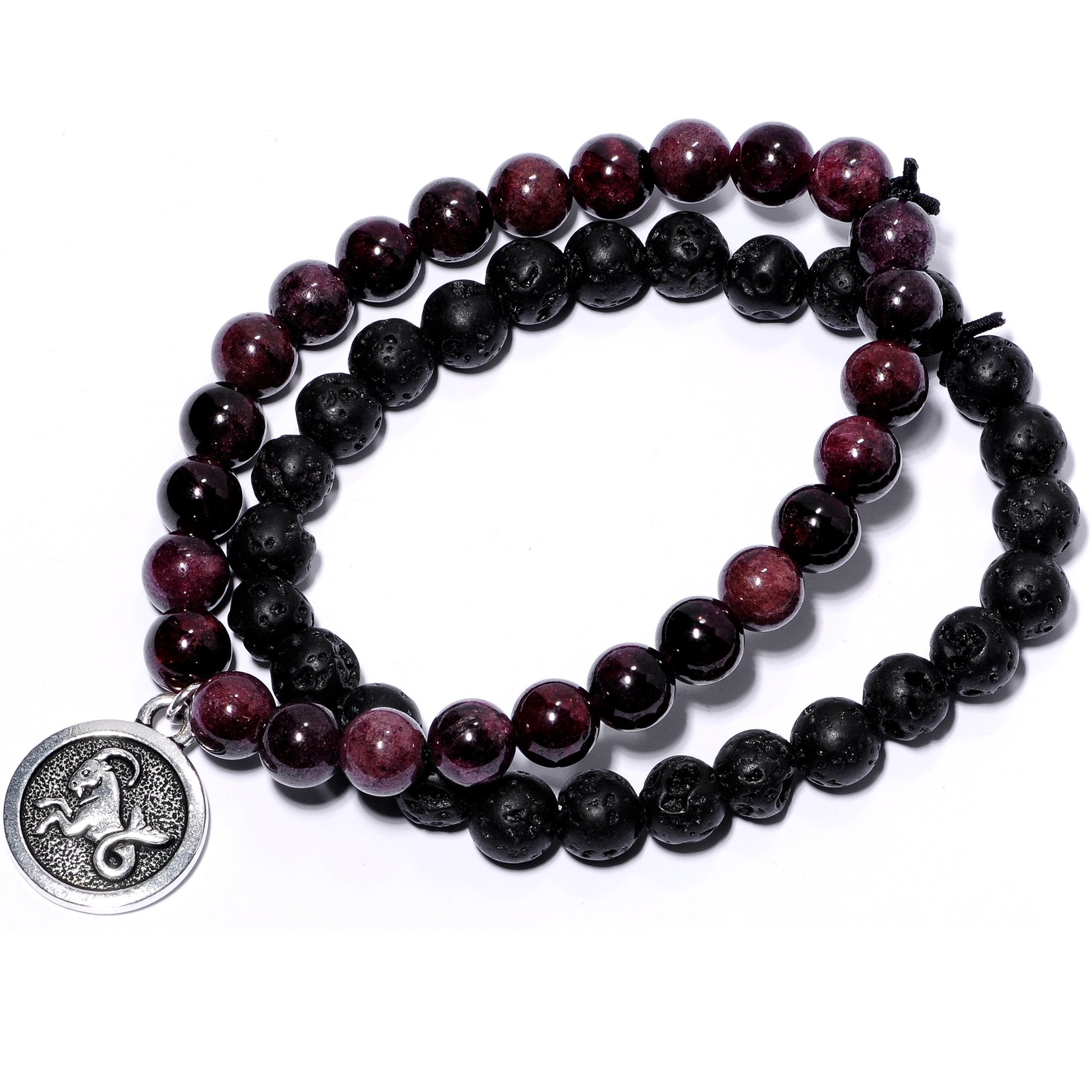 Handmade Lava Stone Garnet Capricorn Zodiac Bracelet Set of 2