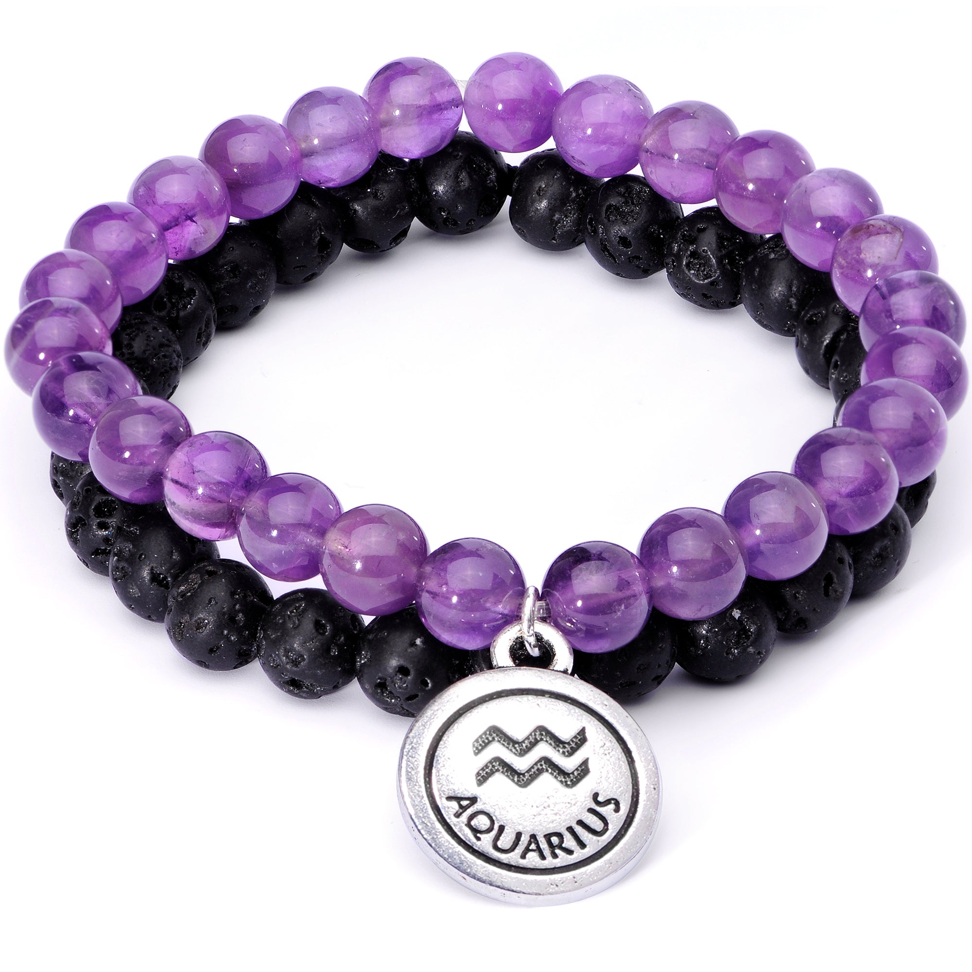 Handmade Lava Stone Amethyst Aquarius Zodiac Bracelet Set of 2