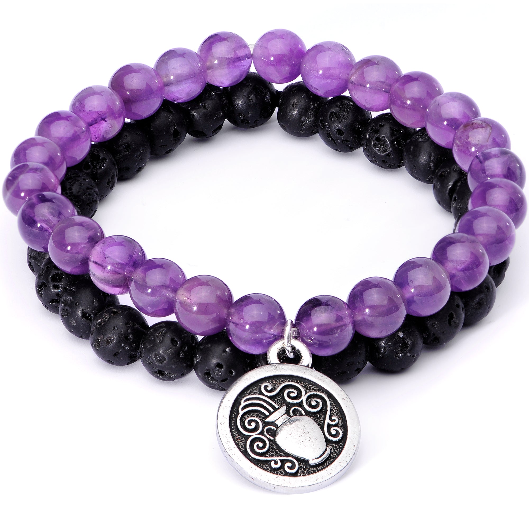 Handmade Lava Stone Amethyst Aquarius Zodiac Bracelet Set of 2