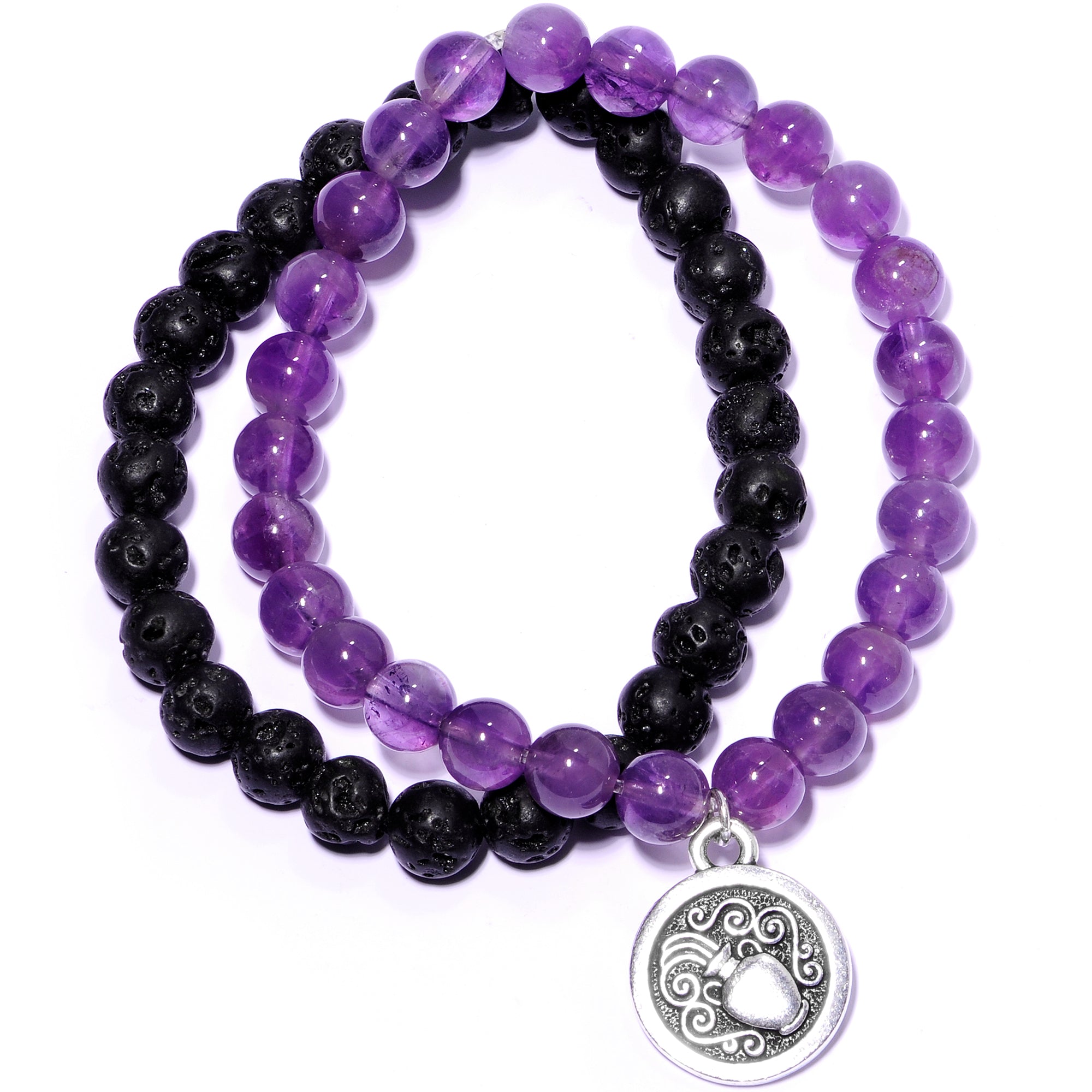 Handmade Lava Stone Amethyst Aquarius Zodiac Bracelet Set of 2