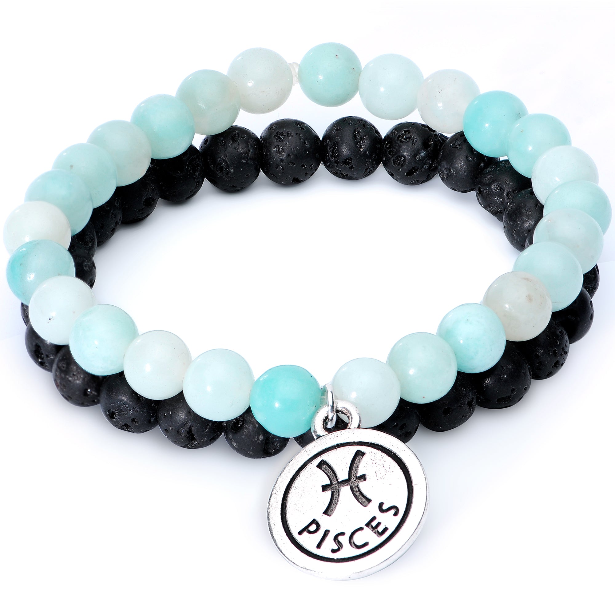 Handmade Lava Stone Amazonite Pisces Zodiac Bracelet Set of 2