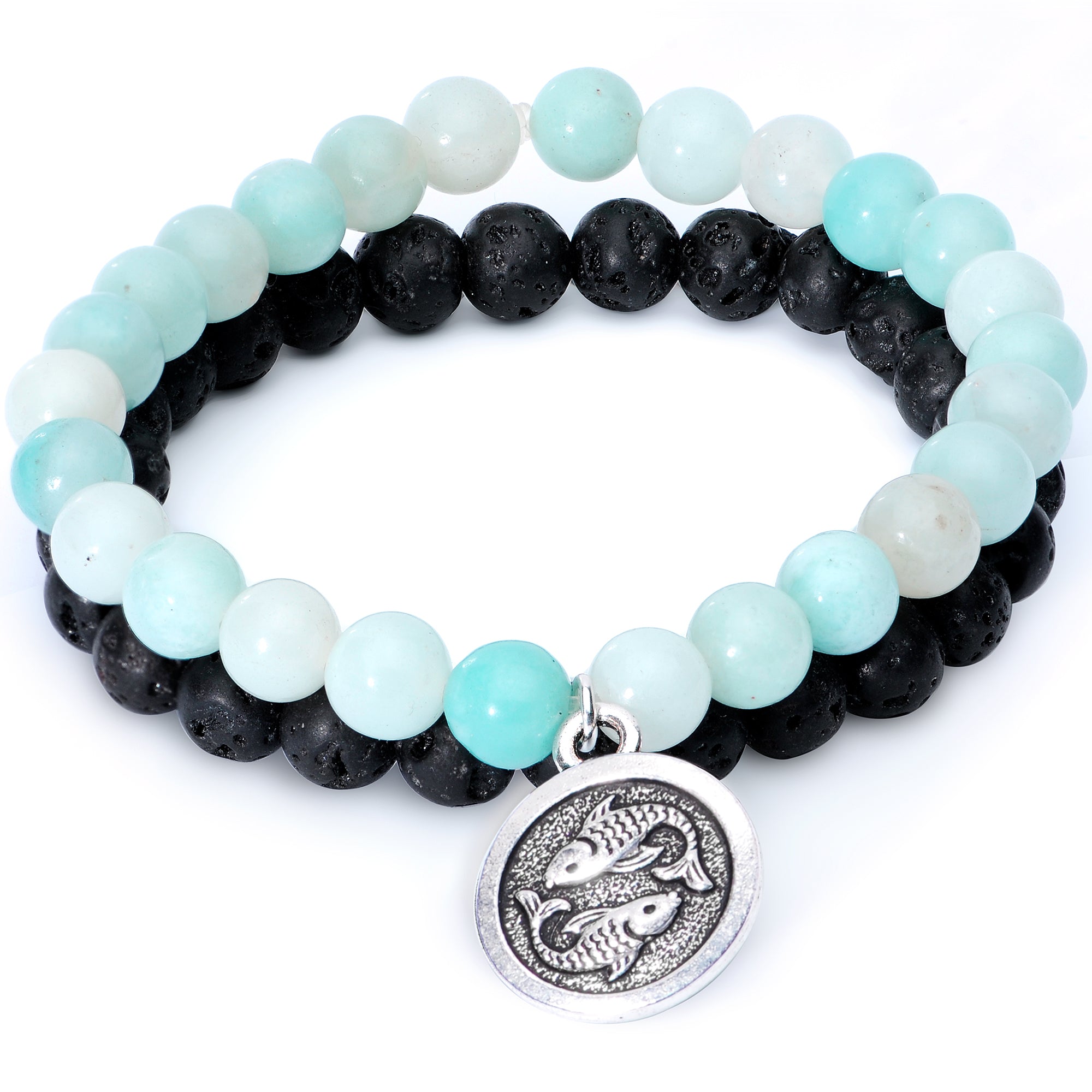 Handmade Lava Stone Amazonite Pisces Zodiac Bracelet Set of 2