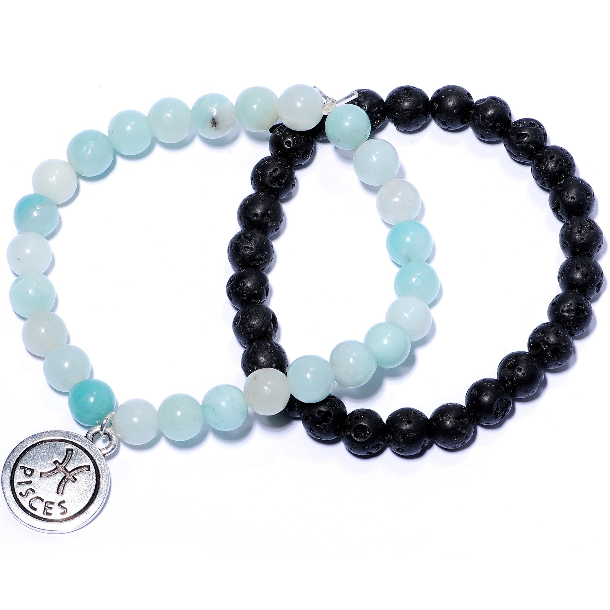 Handmade Lava Stone Amazonite Pisces Zodiac Bracelet Set of 2