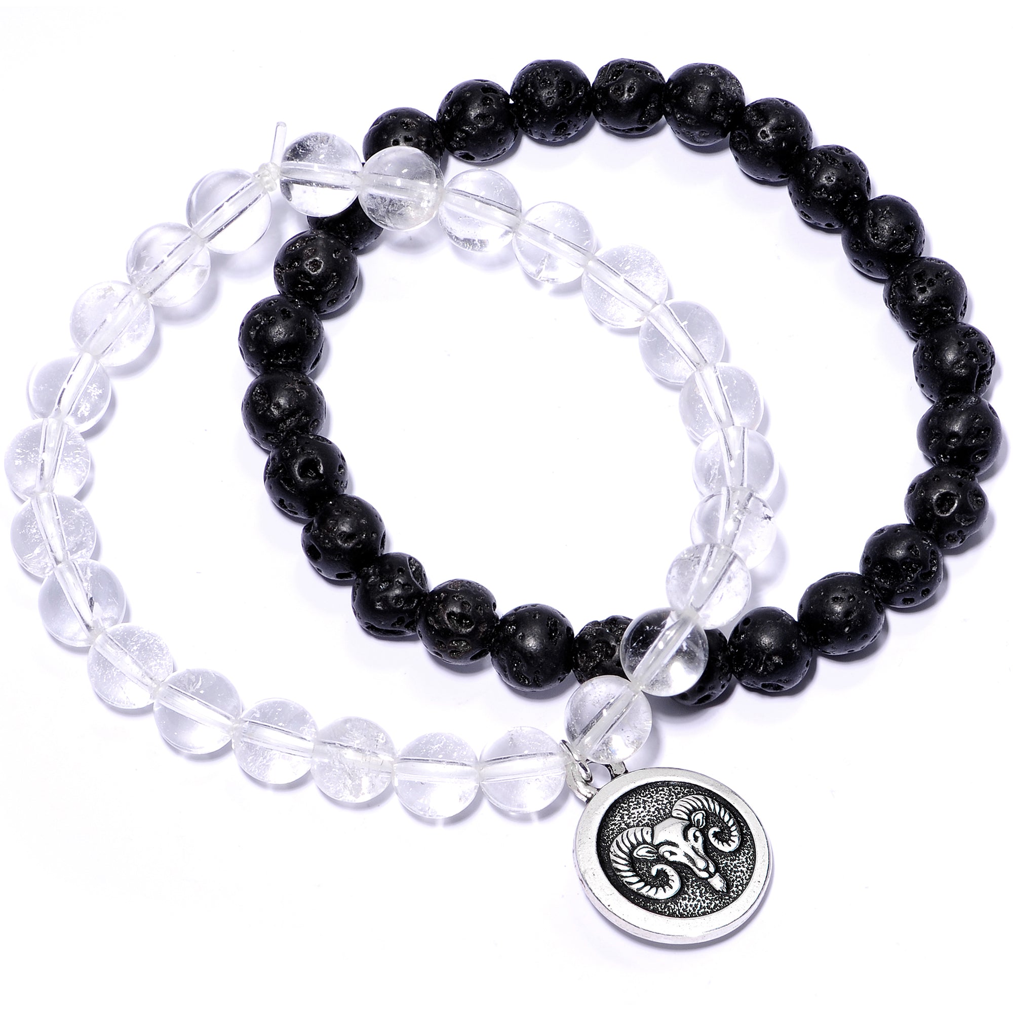 Handmade Lava Stone Clear Quartz Aries Zodiac Bracelet Set of 2