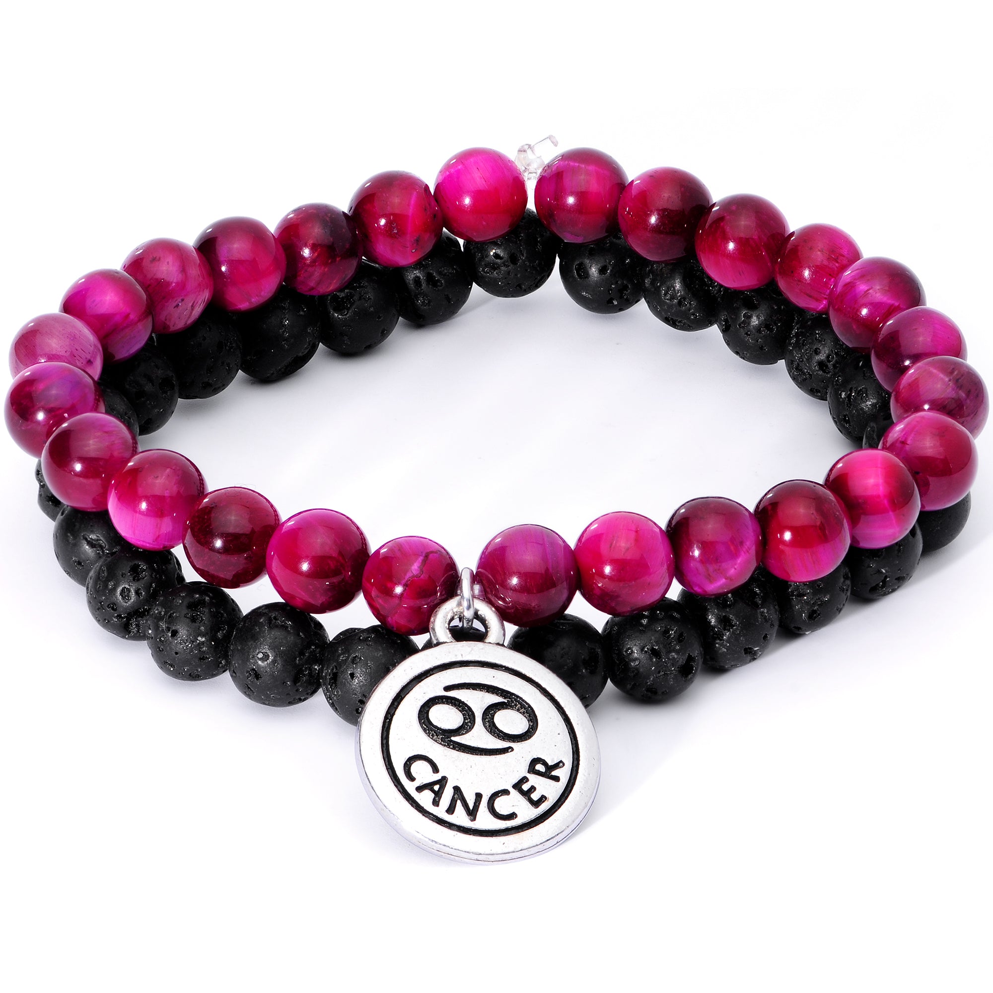 Handmade Lava Stone Fuschia Tigers Eye Cancer Zodiac Bracelet Set of 2