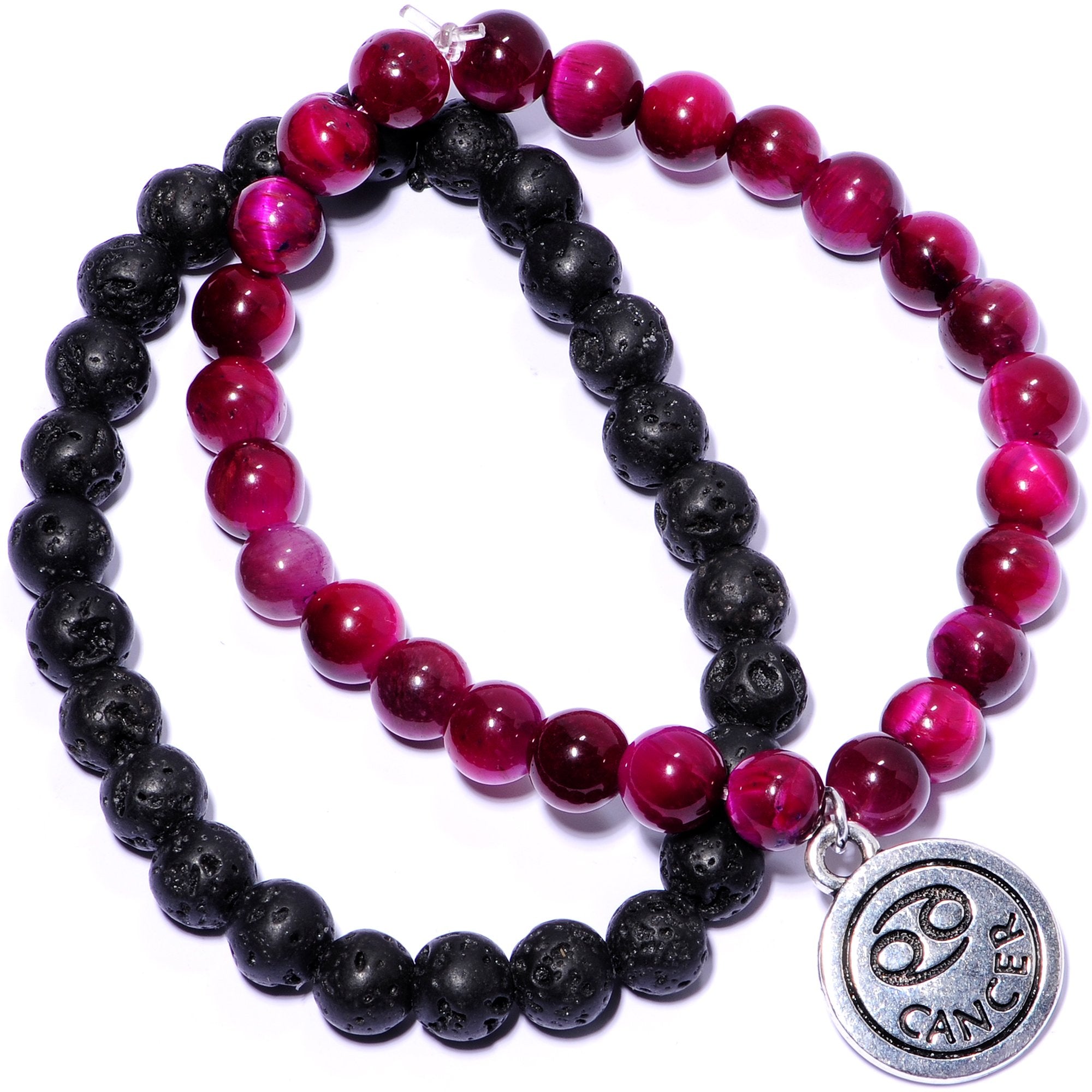 Handmade Lava Stone Fuschia Tigers Eye Cancer Zodiac Bracelet Set of 2