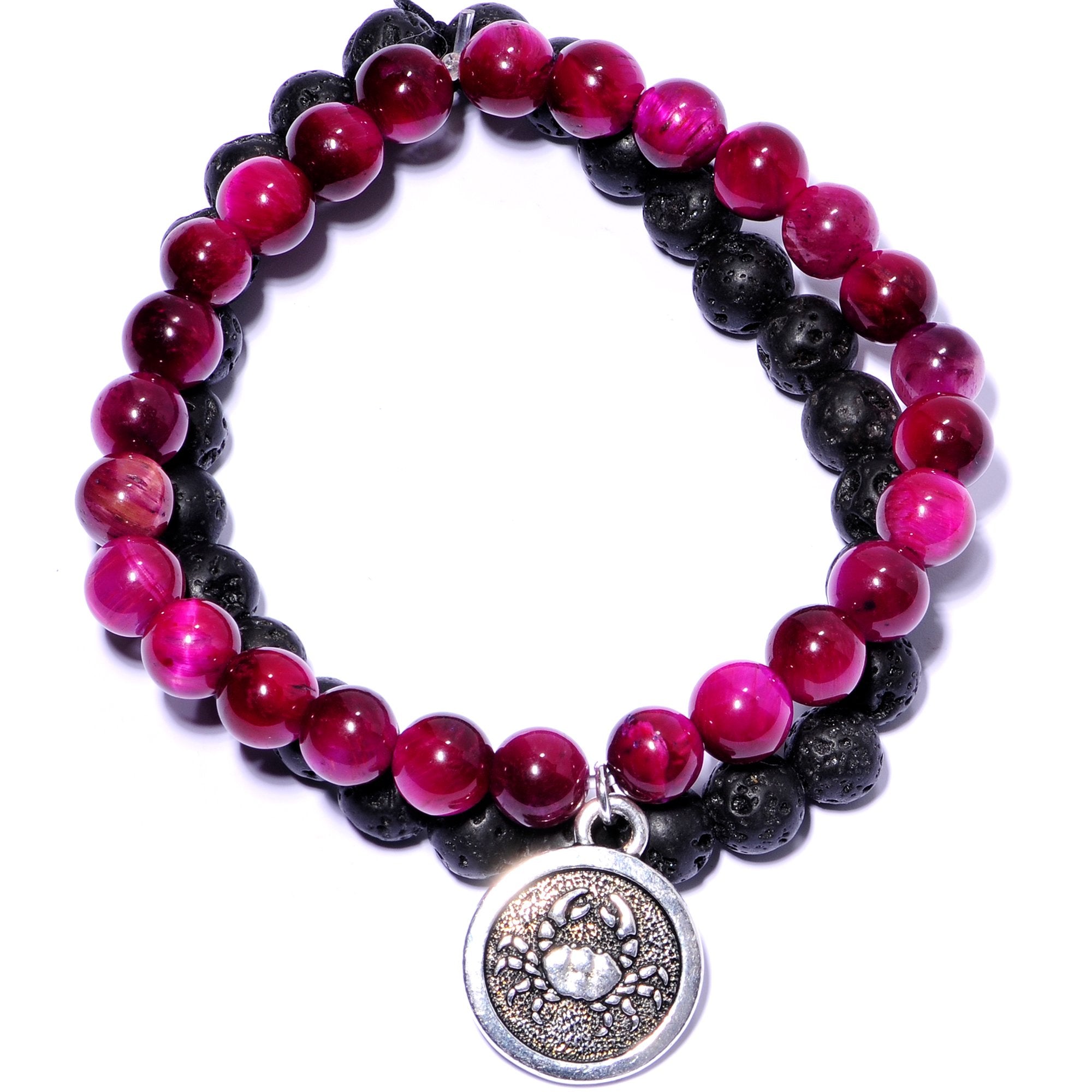 Handmade Lava Stone Fuschia Tigers Eye Cancer Zodiac Bracelet Set of 2