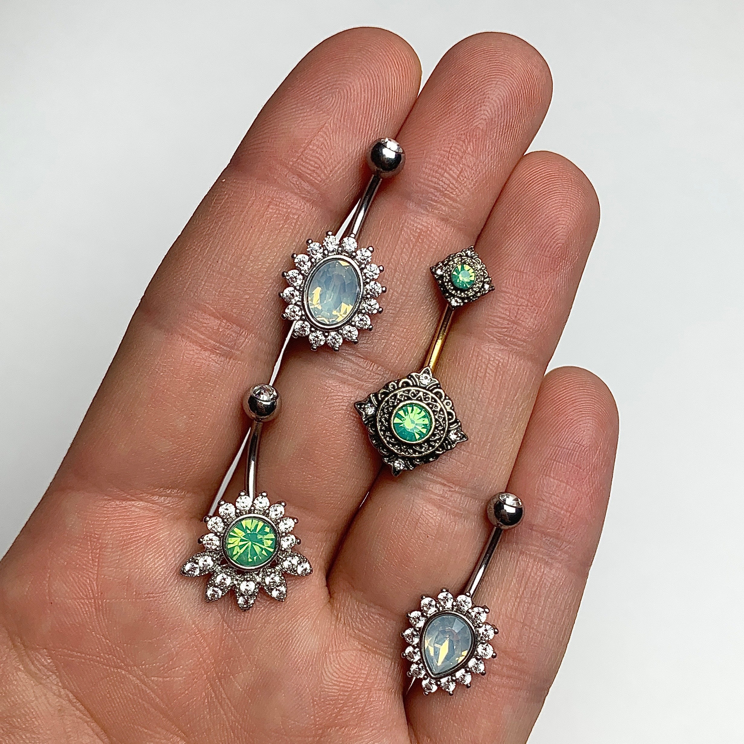 Clear CZ Gem Green Faux Opal Diadem Belly Ring