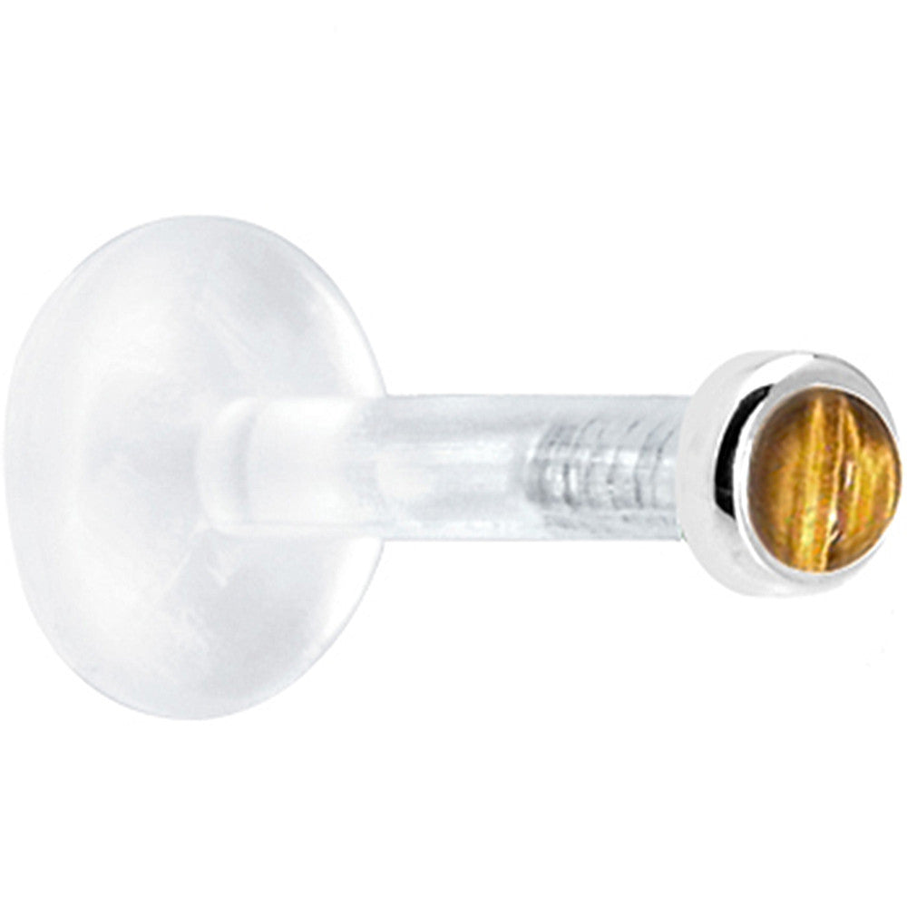 Solid 14KT White Gold 2mm Genuine Tiger Eye Bioplast Push in Labret