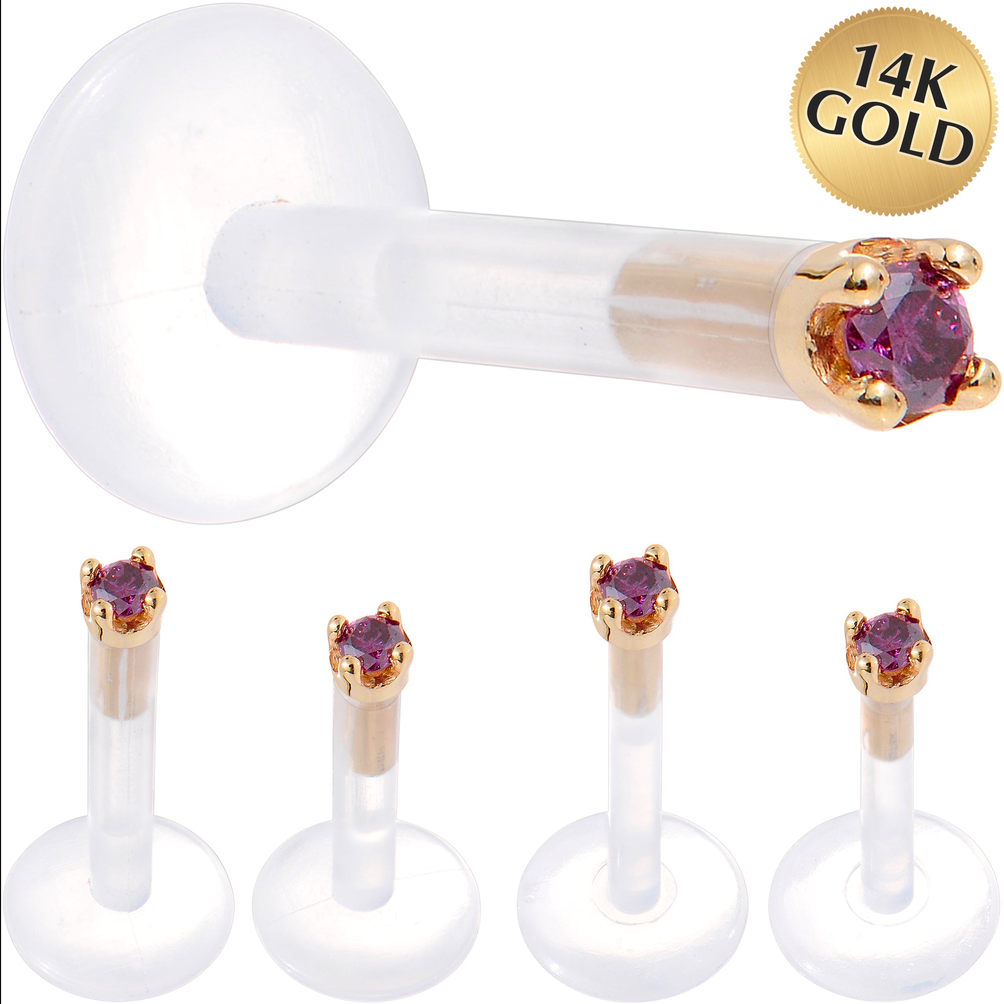 Solid 14KT Yellow Gold 1.5mm Genuine Purple Diamond Bioplast Push in Labret