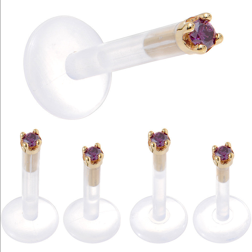 Solid 14KT Yellow Gold 1.5mm Genuine Purple Diamond Bioplast Push in Labret