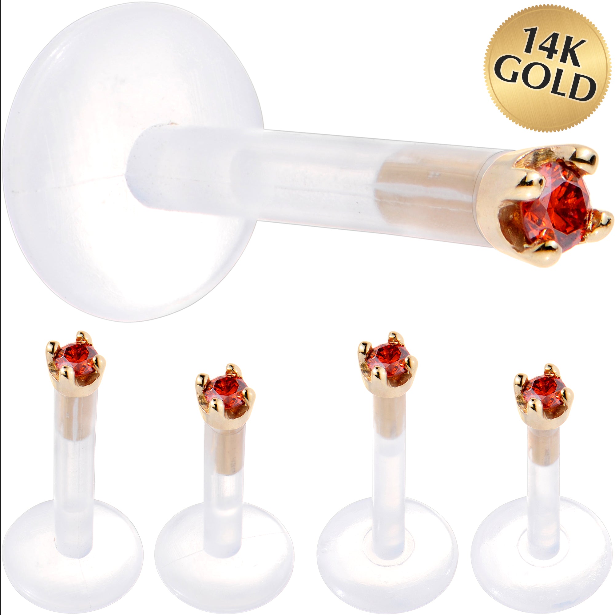 Solid 14KT Yellow Gold 1.5mm Genuine Red Diamond Bioplast Push in Labret