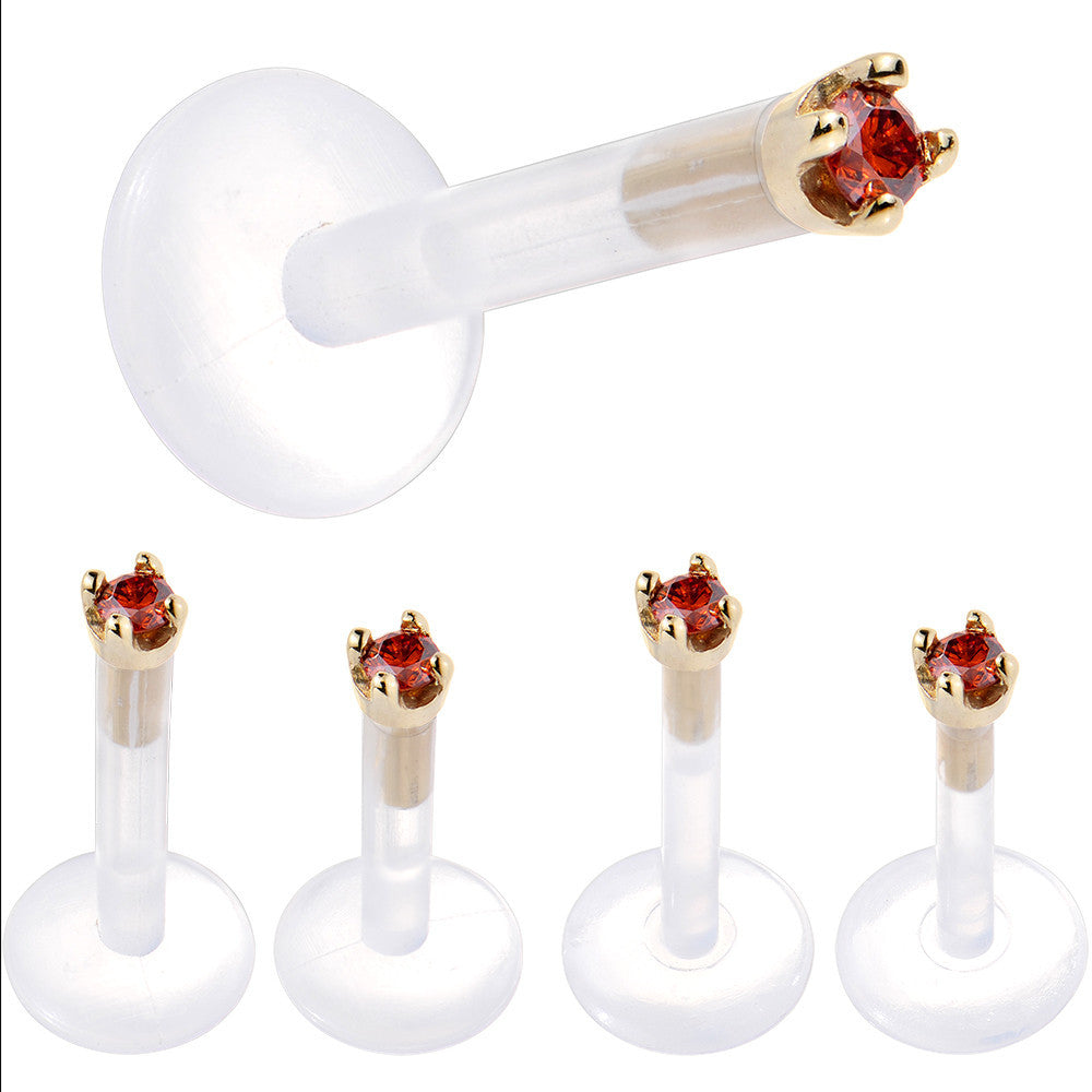 Solid 14KT Yellow Gold 1.5mm Genuine Red Diamond Bioplast Push in Labret