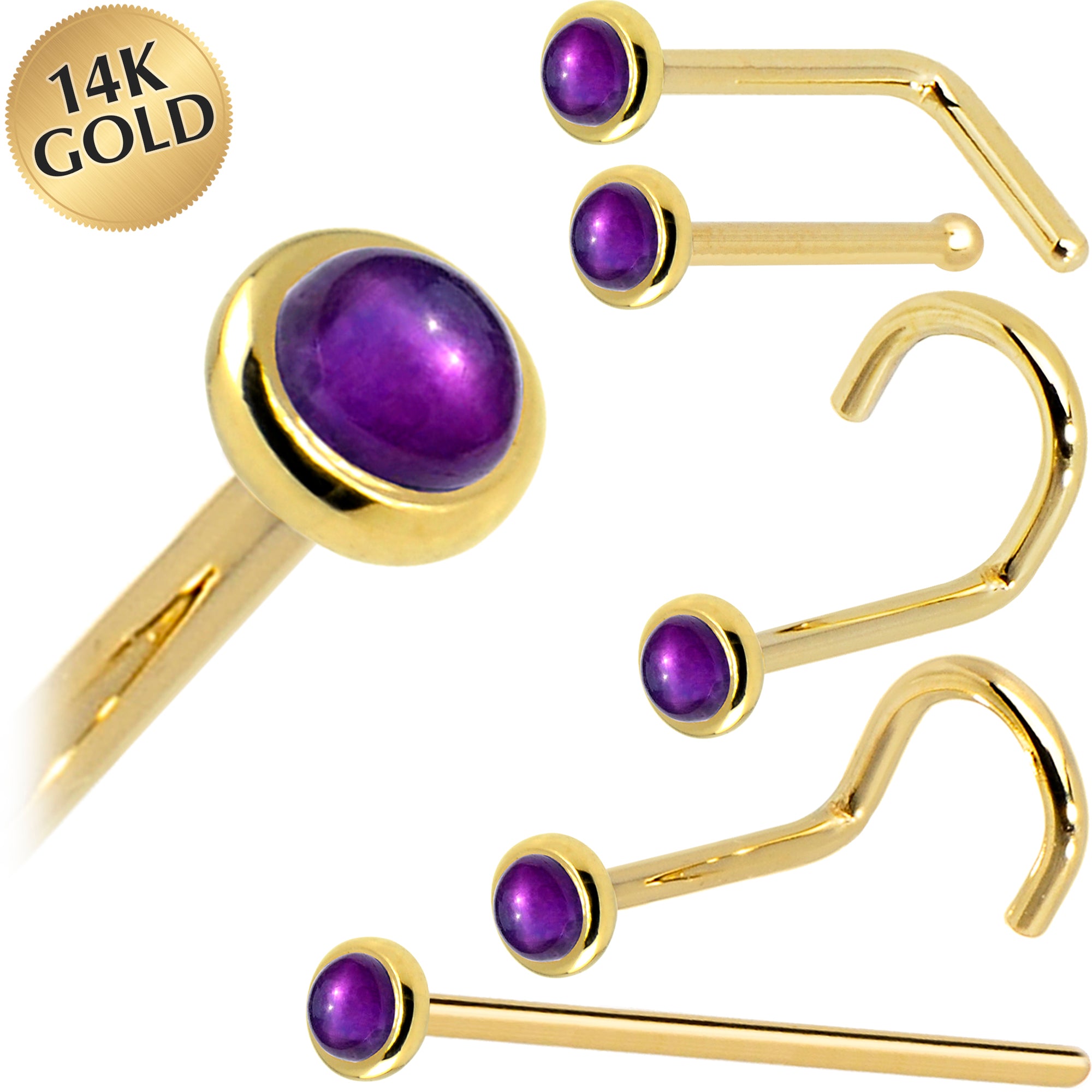 Solid 14KT Yellow Gold February 2mm Genuine Amethyst Nose Ring 18 Gauge Nose Bone