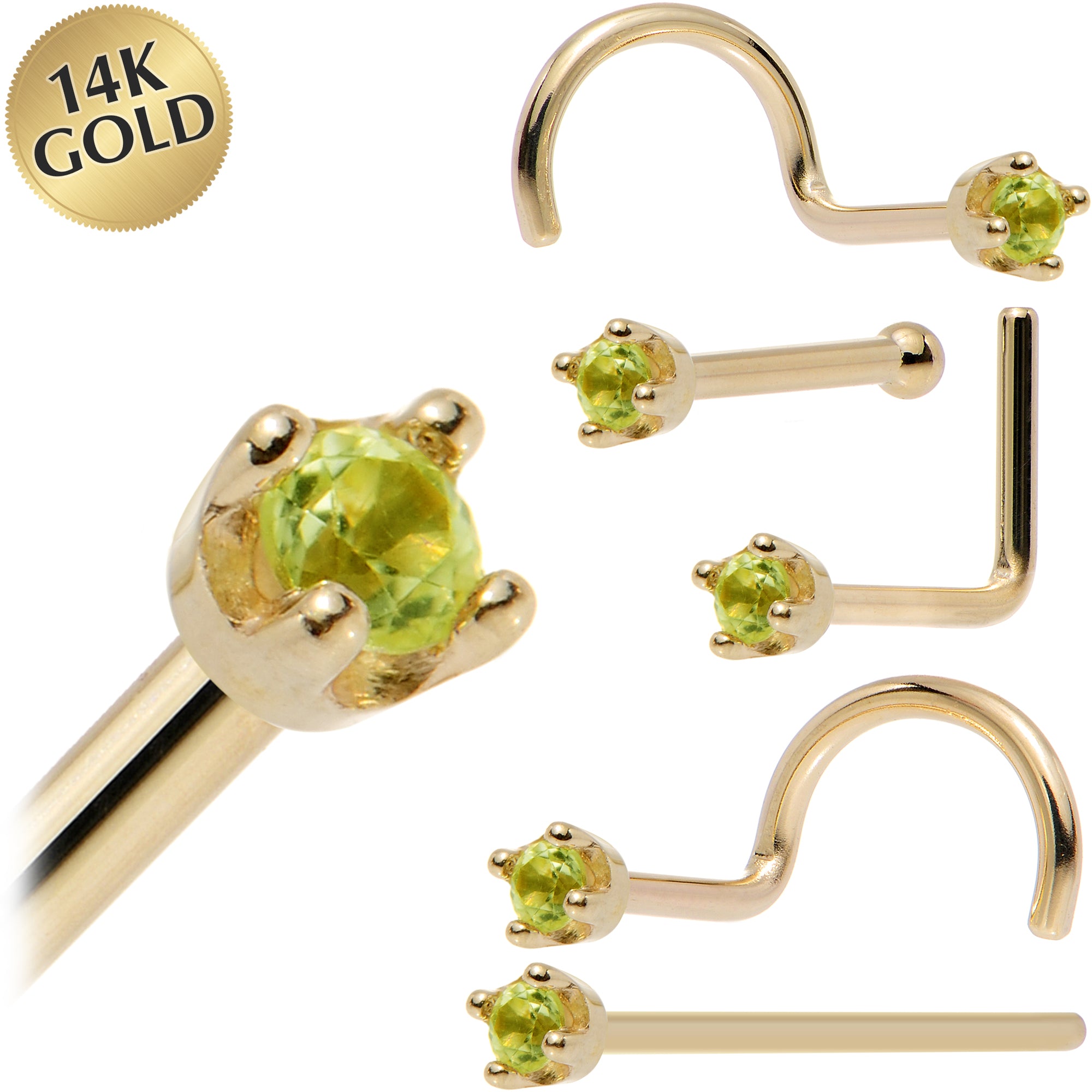 Solid 14KT Yellow Gold 1.5mm Genuine Peridot Nose Ring August Birthstone