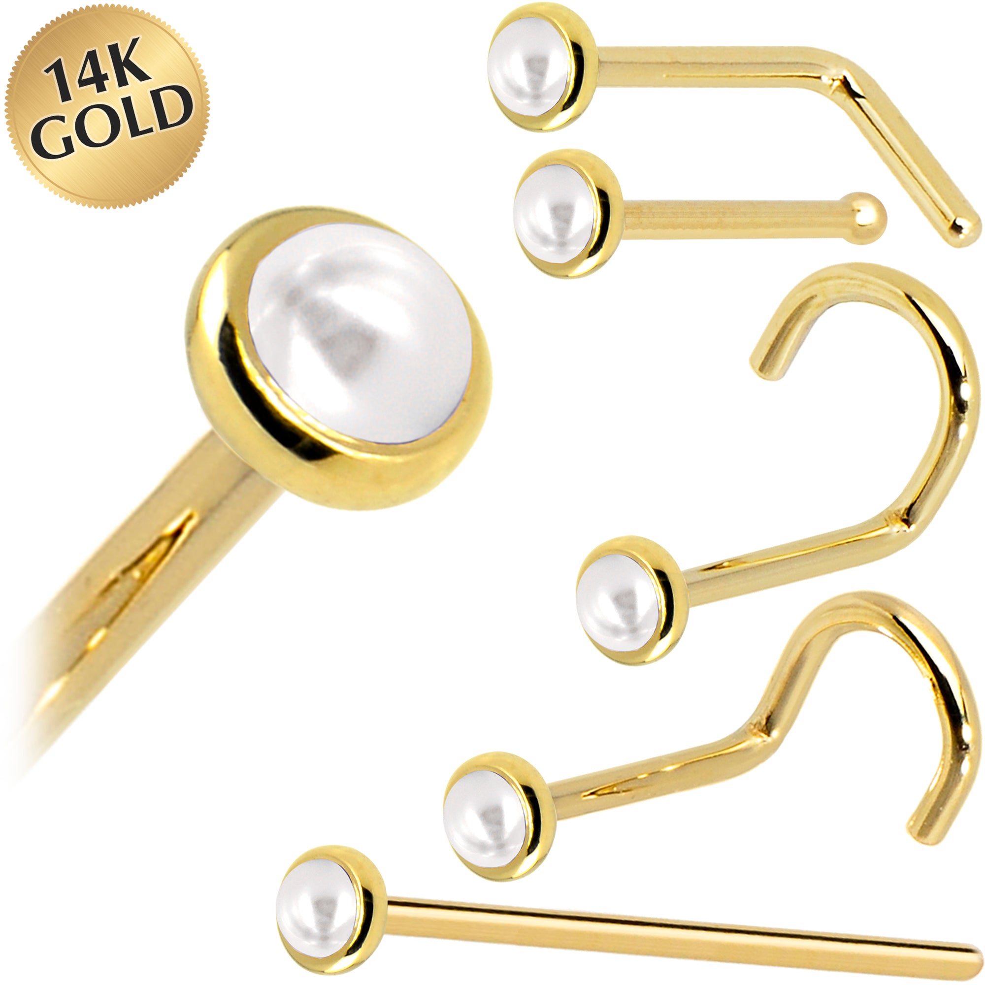 Solid 14KT Yellow Gold June 2mm Cultured Pearl Nose Ring 18 Gauge Nose Bone