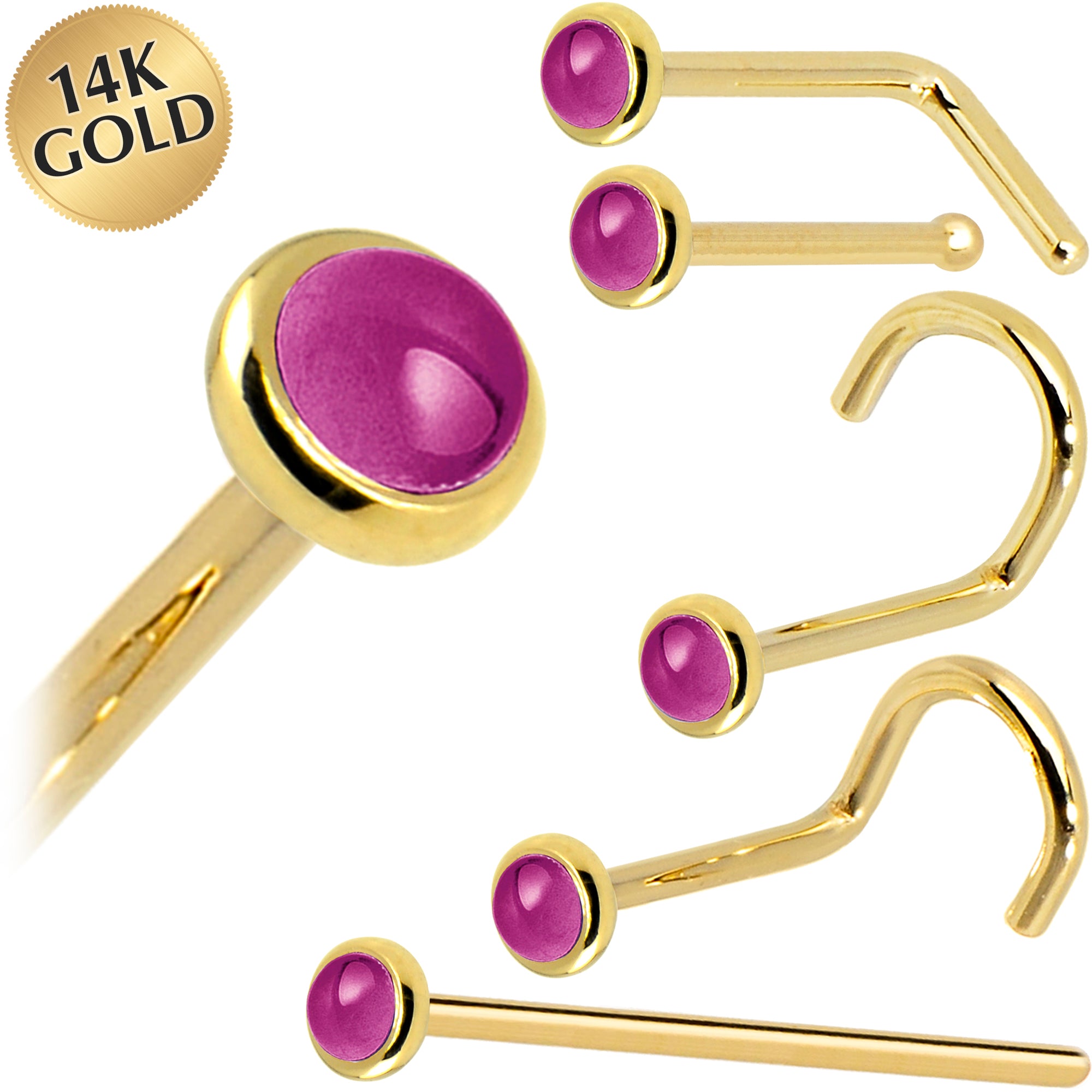 Solid 14KT Yellow Gold 2mm Pink Garnet Nose Ring 18 Gauge