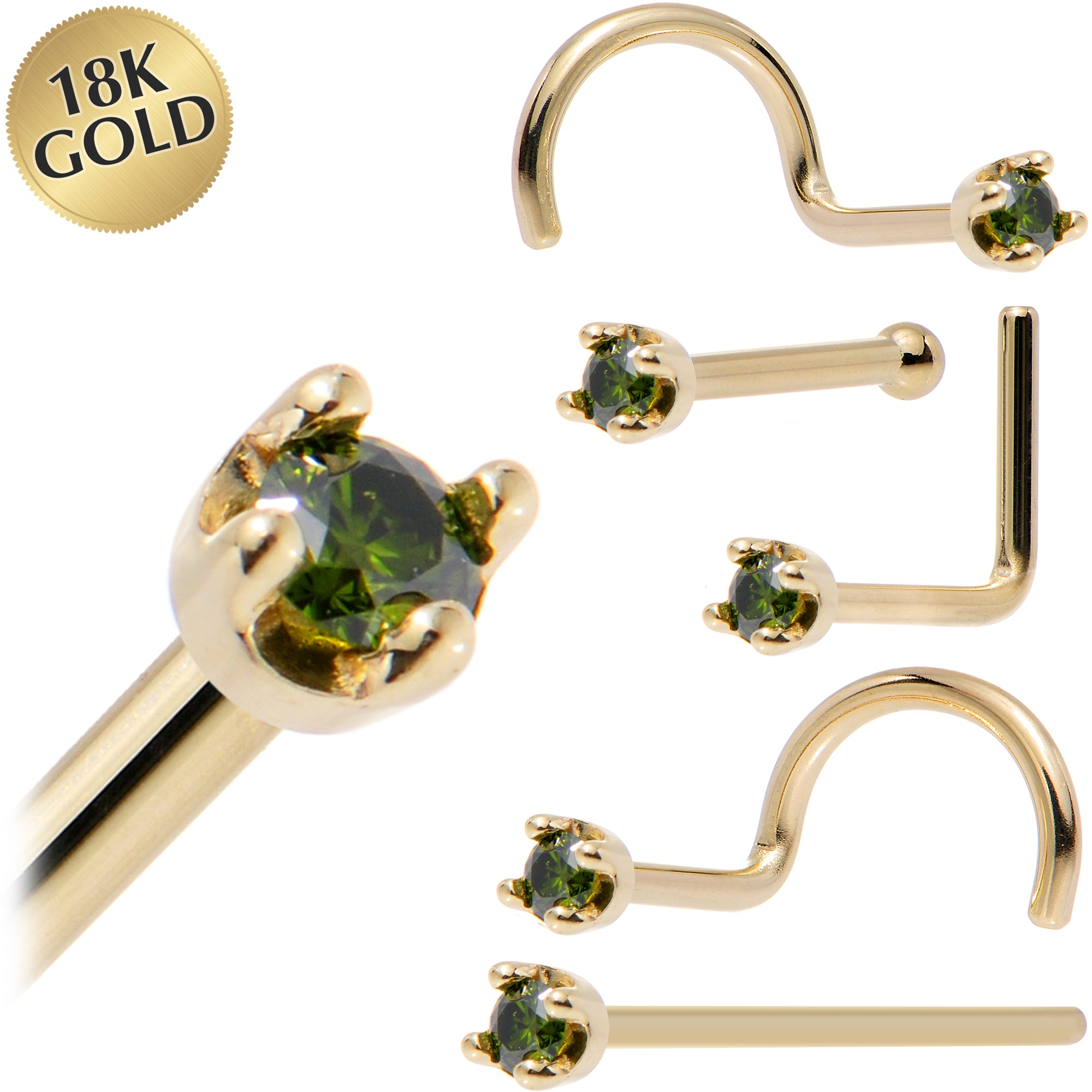 Solid 18KT Yellow Gold May Genuine Green Diamond Nose Ring 18 Gauge