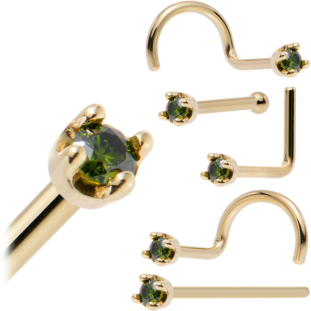 Solid 18KT Yellow Gold (May) 1.5mm Genuine Green Diamond Nose Ring