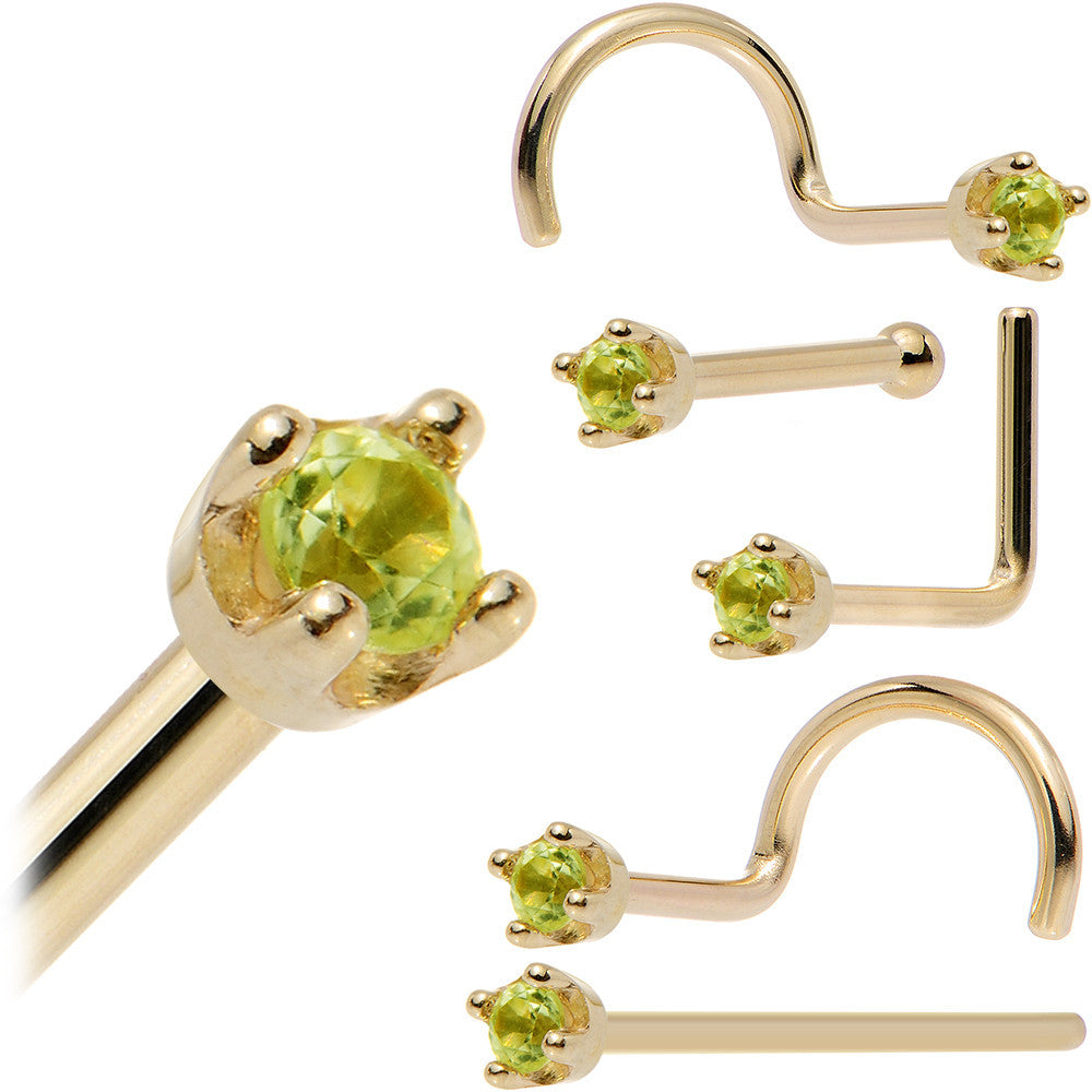 Solid 14KT Yellow Gold (August) 1.5mm Genuine Peridot Nose Ring