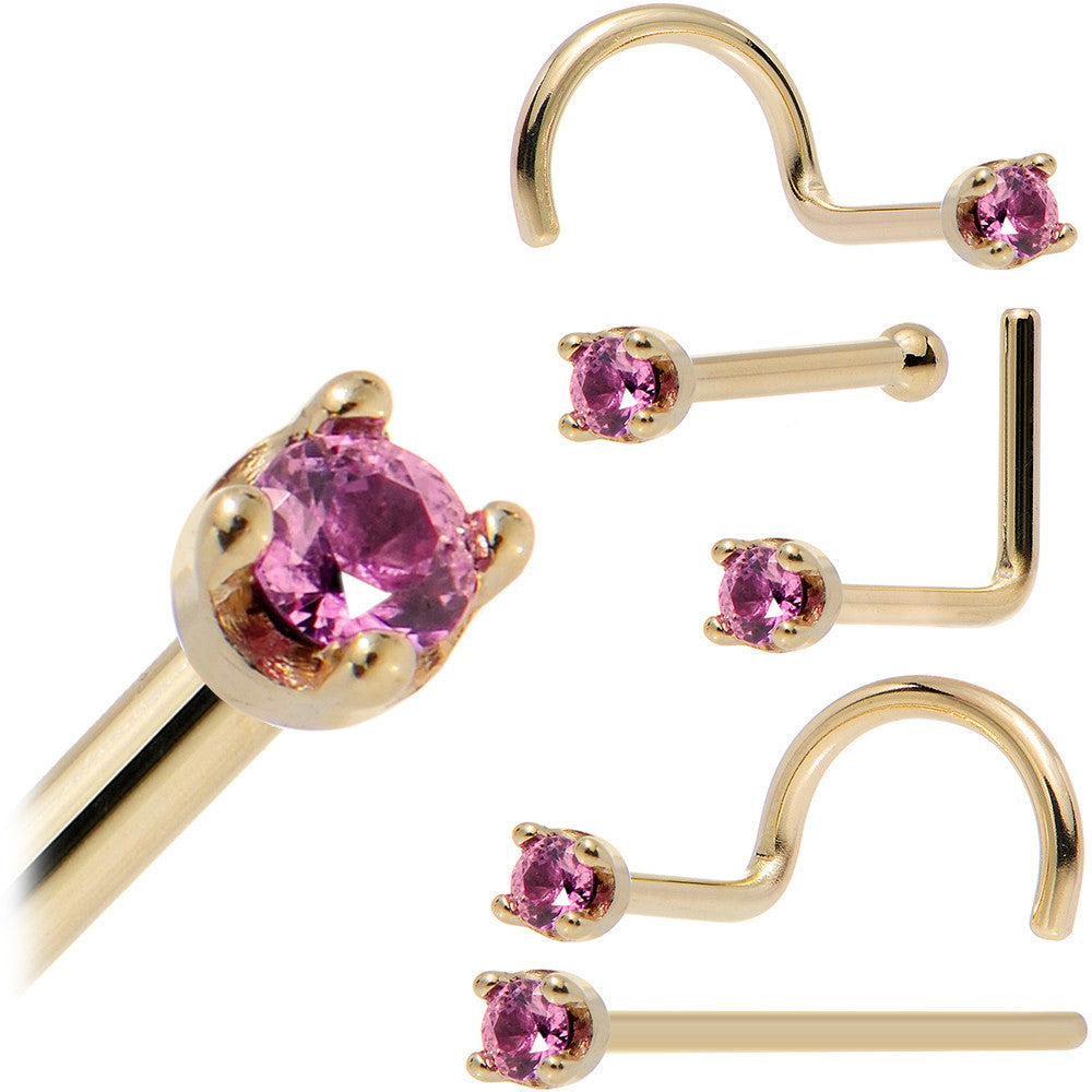 Solid 14KT Yellow Gold (October) 1.5mm Genuine Pink Sapphire Nose Ring