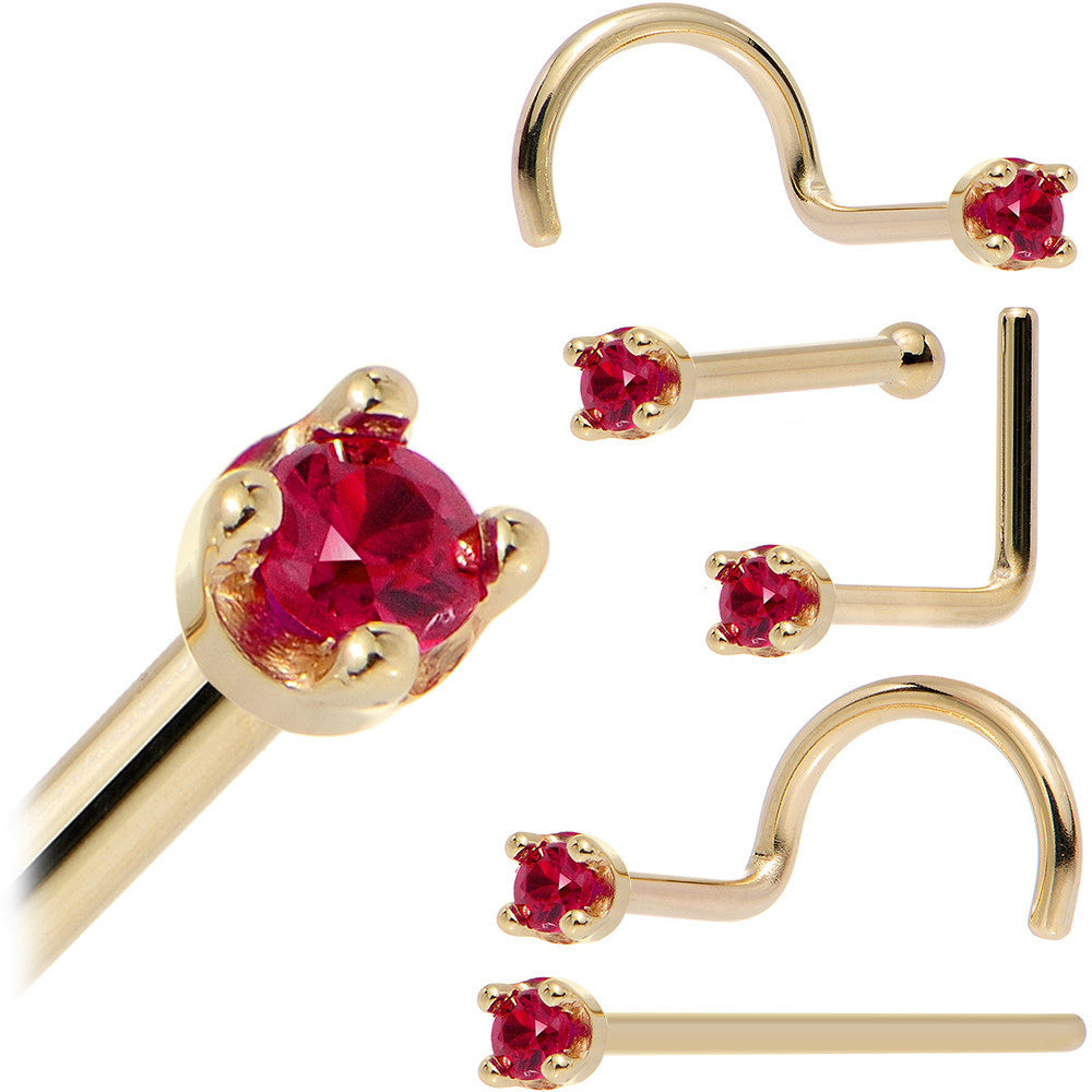 Solid 18KT Yellow Gold 1.5mm Diamond Cut Genuine Ruby Nose Ring