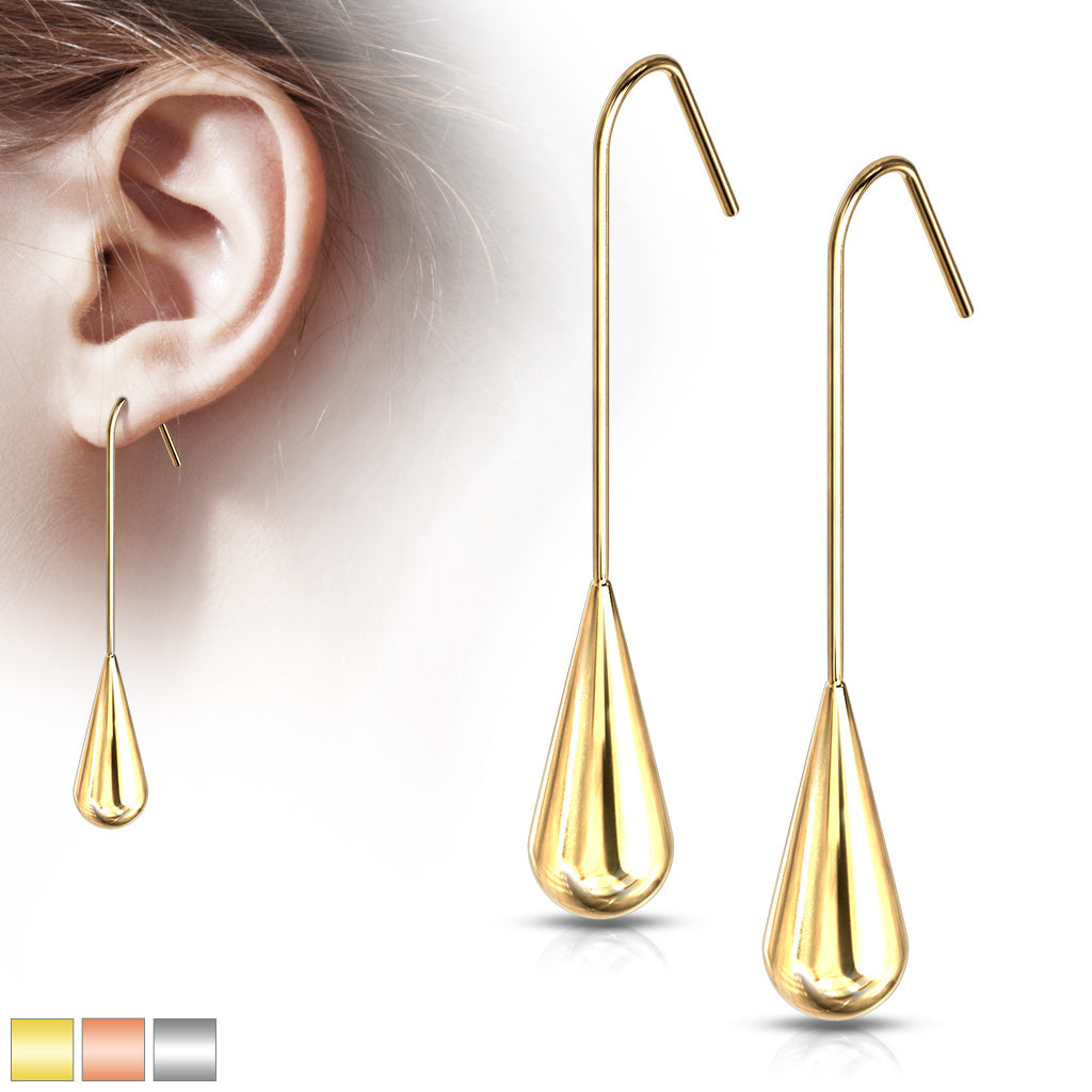 Elongated Teardrop Dangle Stainless Steel Hook Earrings